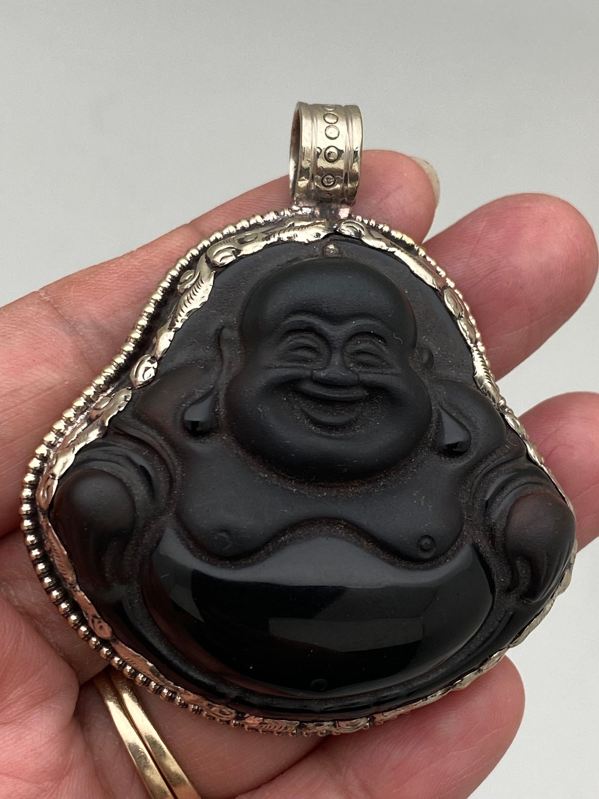 Handcarved Black Obsidian Buddha Pendant: Tibetan Silver, Himalayan