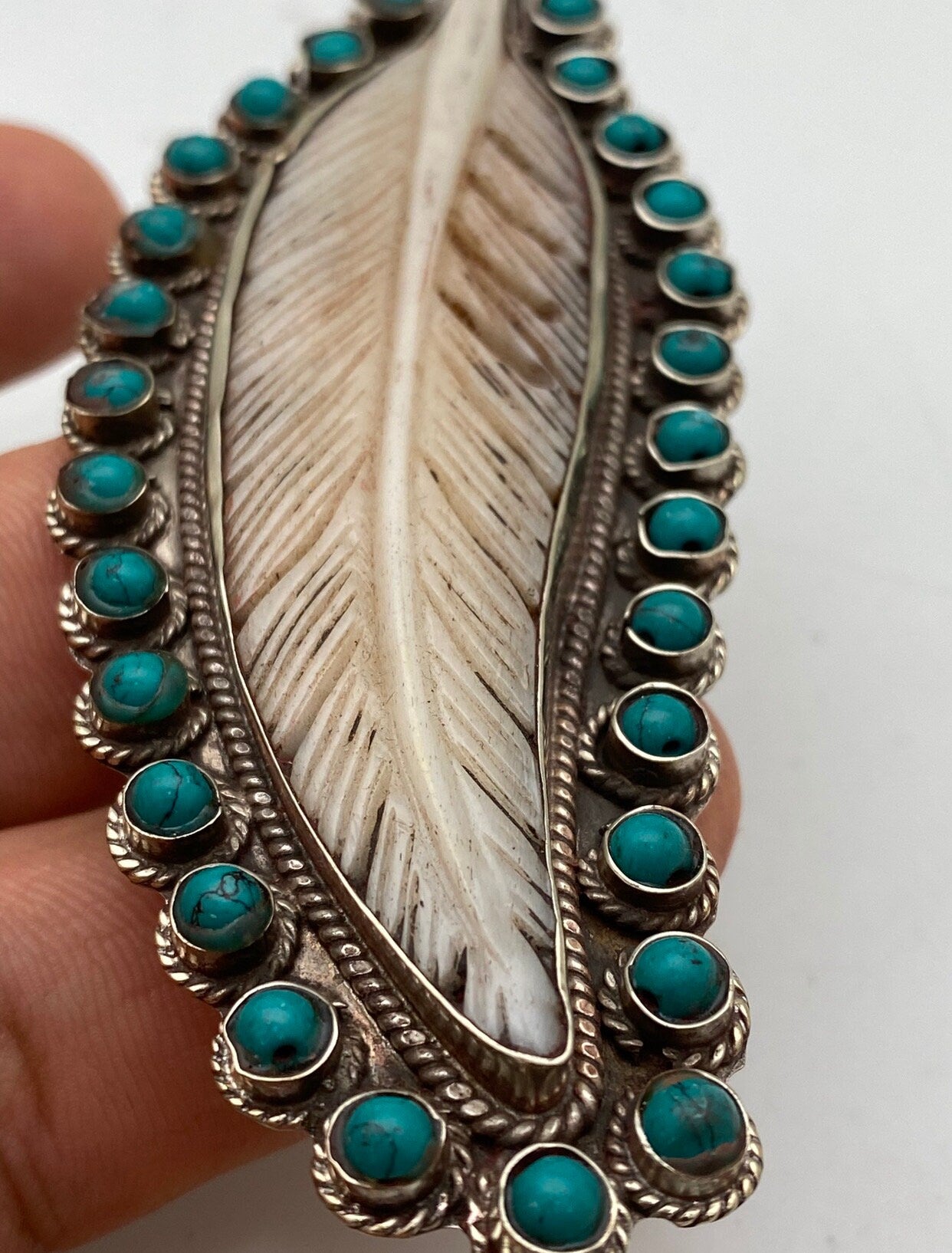 Bone carved feather pendant,Tibetan silver, handcrafted,turquoise,handcarved,ethnic,Himalayan,