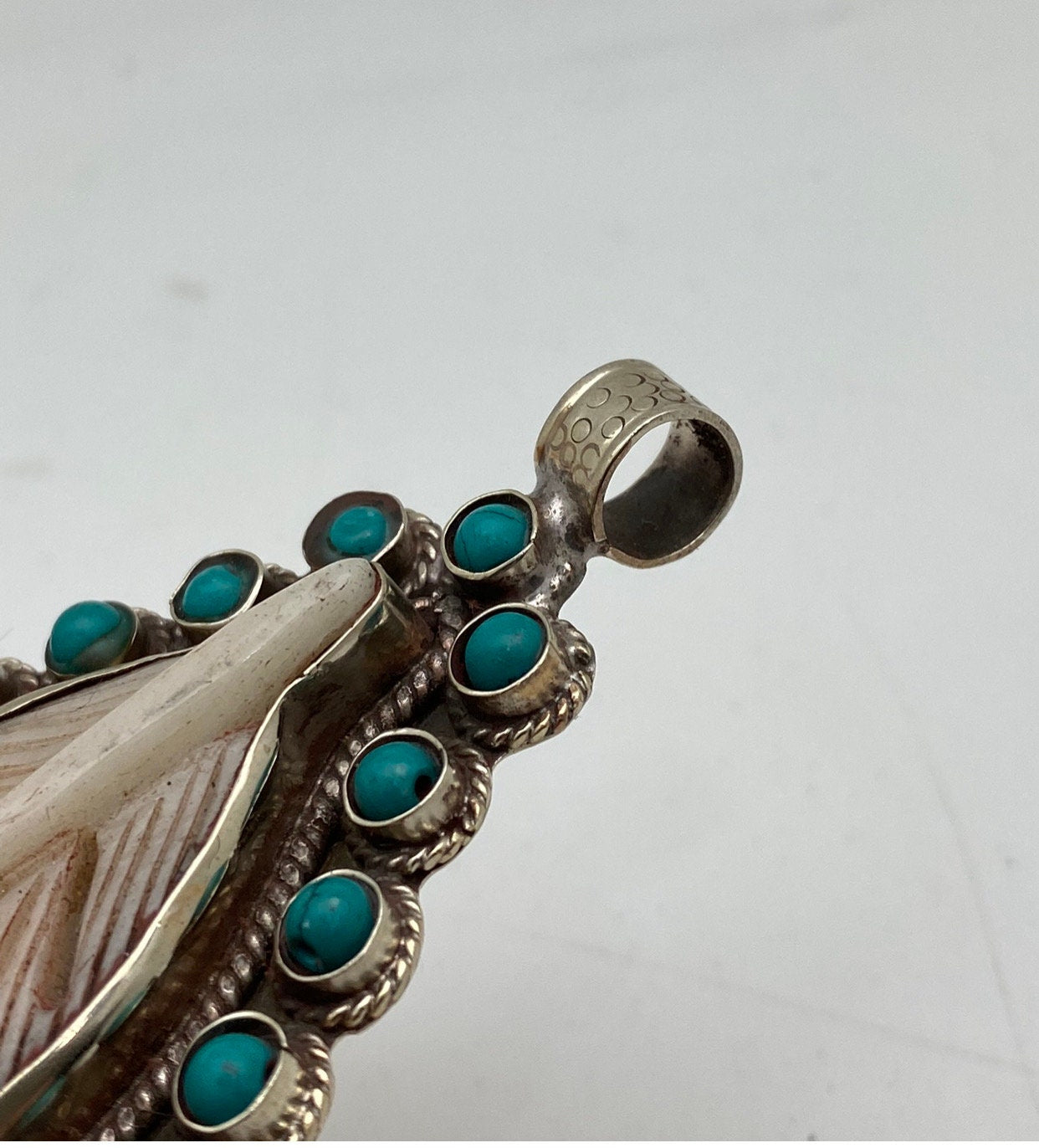 Bone carved feather pendant,Tibetan silver, handcrafted,turquoise,handcarved,ethnic,Himalayan,
