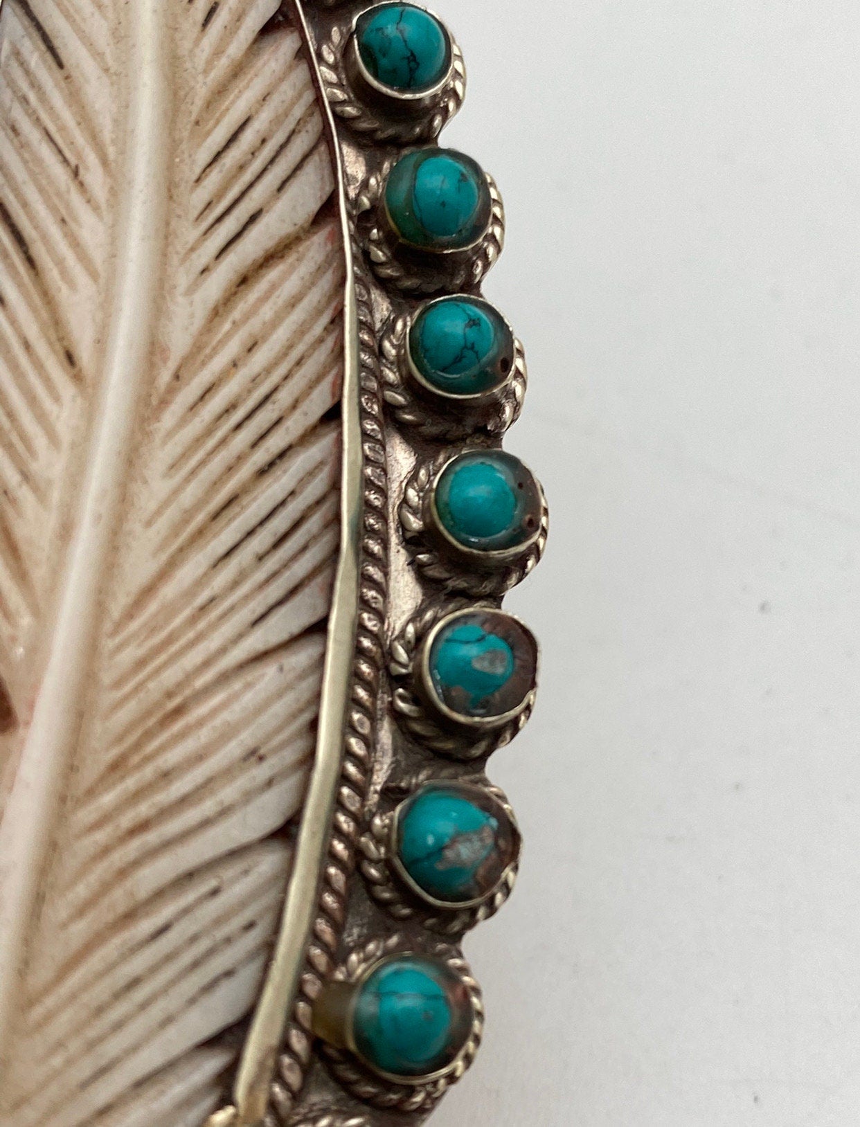 Bone carved feather pendant,Tibetan silver, handcrafted,turquoise,handcarved,ethnic,Himalayan,