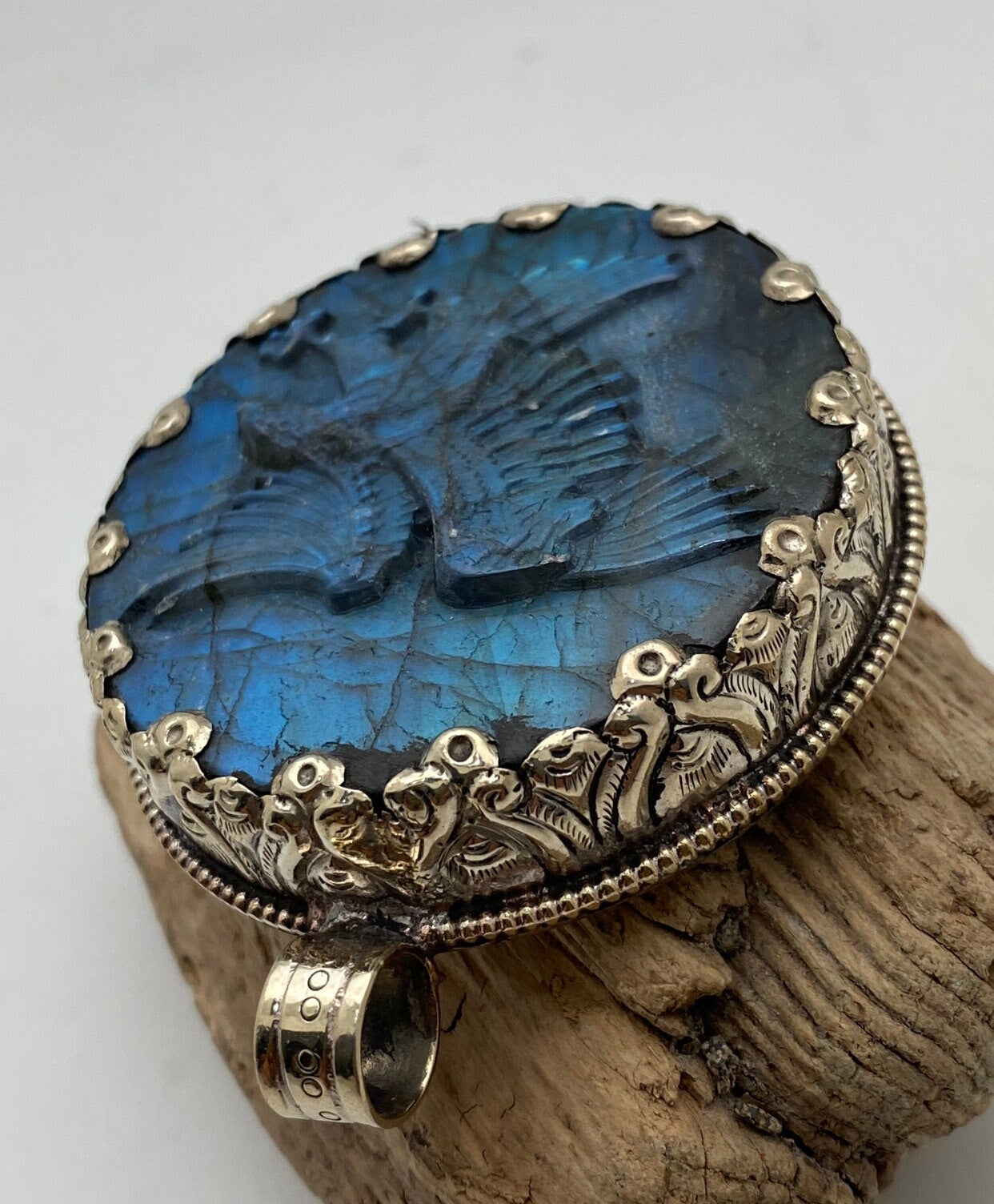 Handcrafted Labradorite Eagle Pendant: Tibetan Silver Bird Jewelry