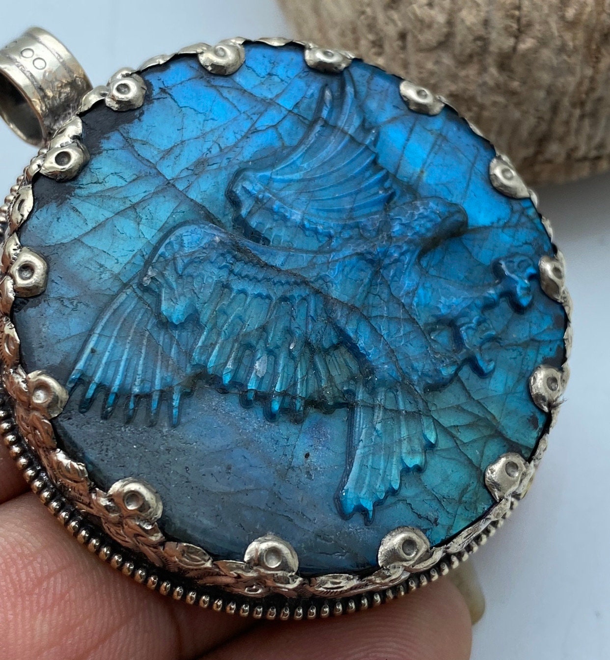Handcrafted Labradorite Eagle Pendant: Tibetan Silver Bird Jewelry