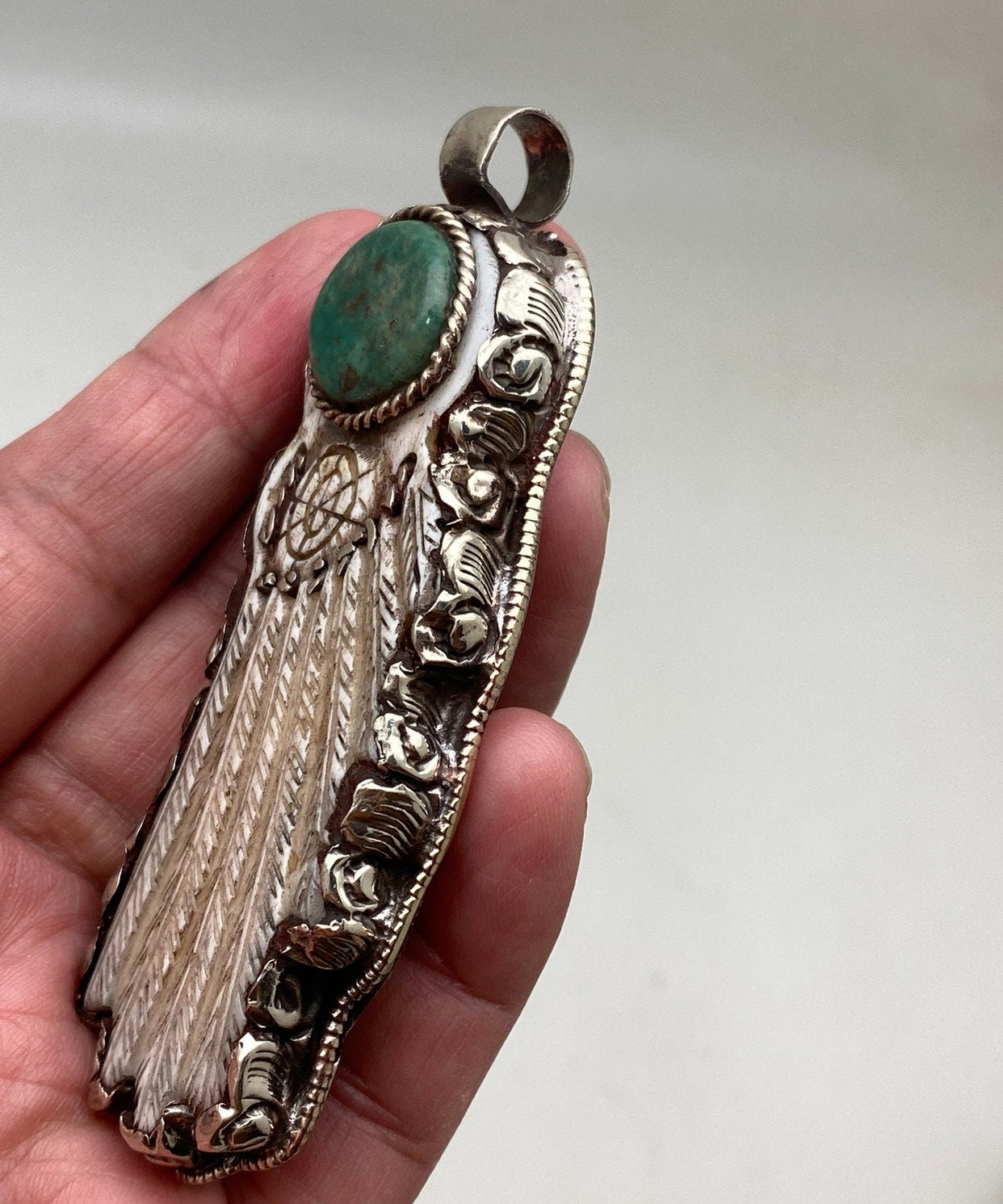 Bone carved, dream catcher pendant, handcrafted,Nepal, Tibetan silver, turquoise,handmade