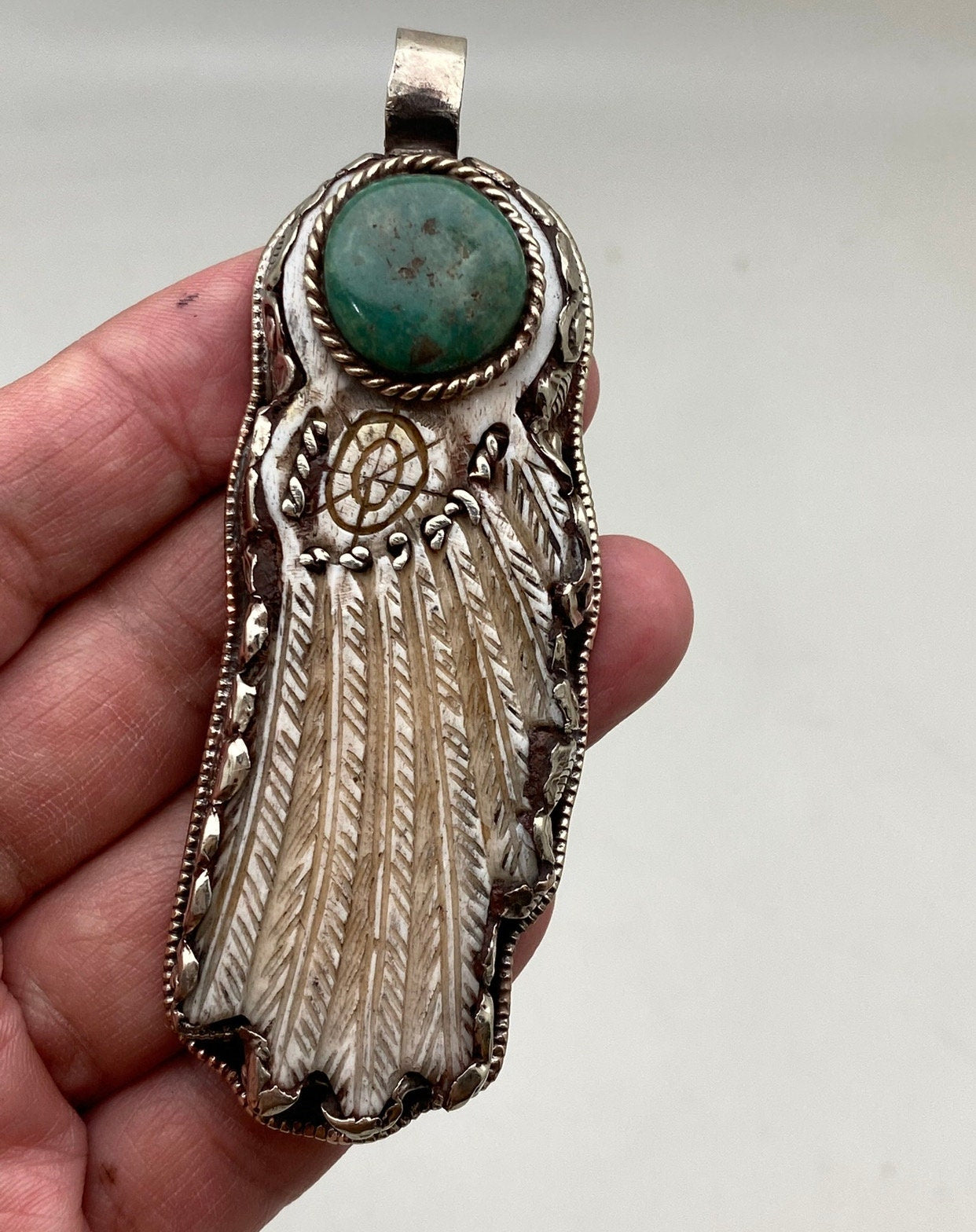 Bone carved, dream catcher pendant, handcrafted,Nepal, Tibetan silver, turquoise,handmade