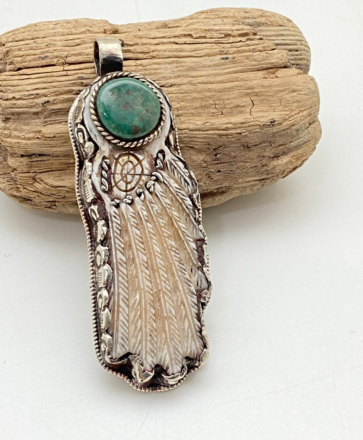 Bone carved, dream catcher pendant, handcrafted,Nepal, Tibetan silver, turquoise,handmade