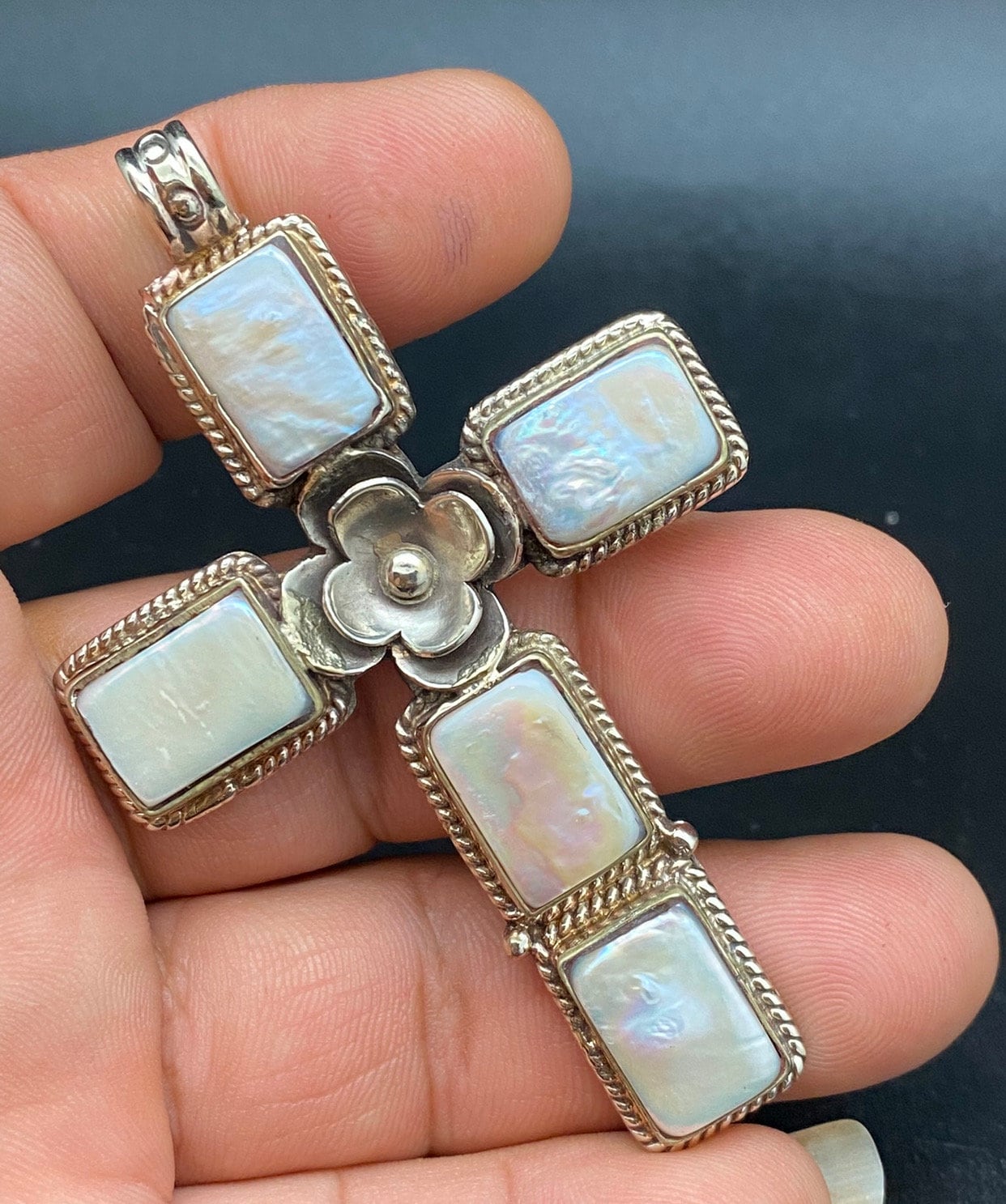 mother of pearl,cross pendant, handcrafted,Tibetan silver,floral,Nepal