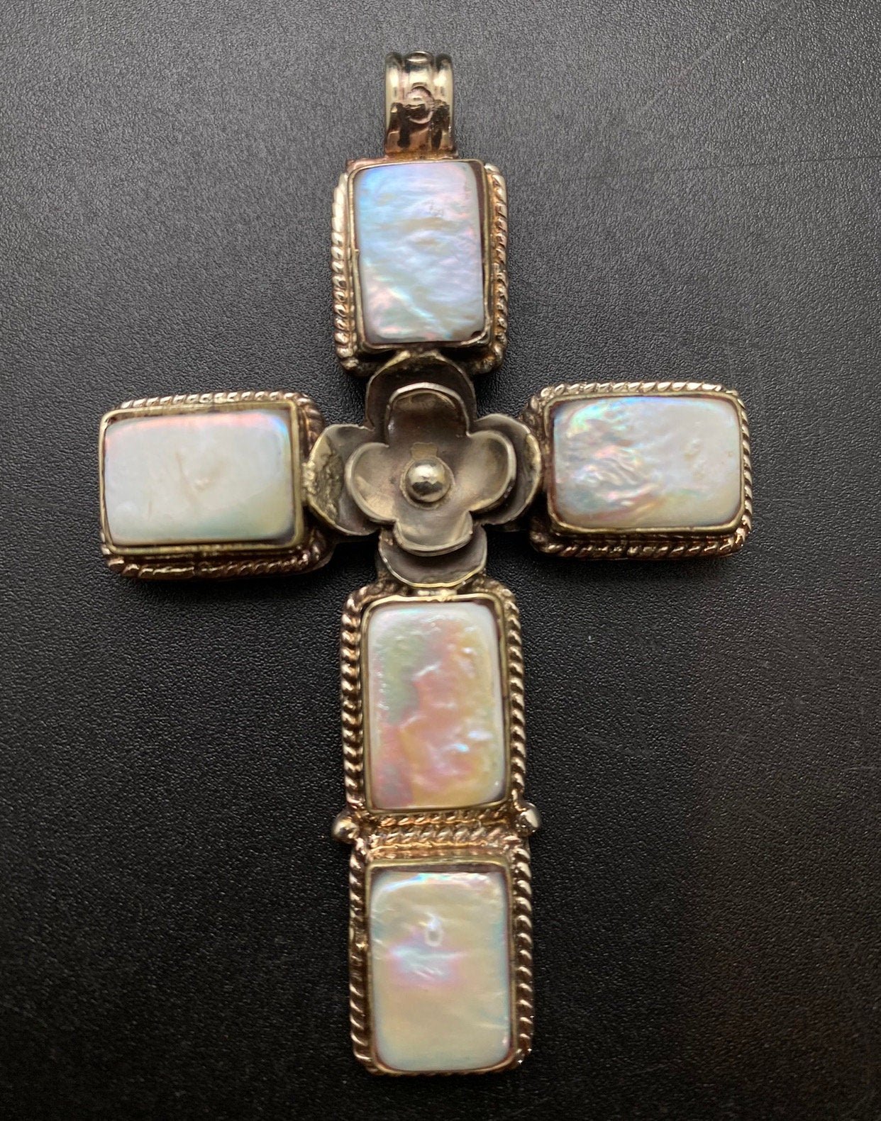 mother of pearl,cross pendant, handcrafted,Tibetan silver,floral,Nepal