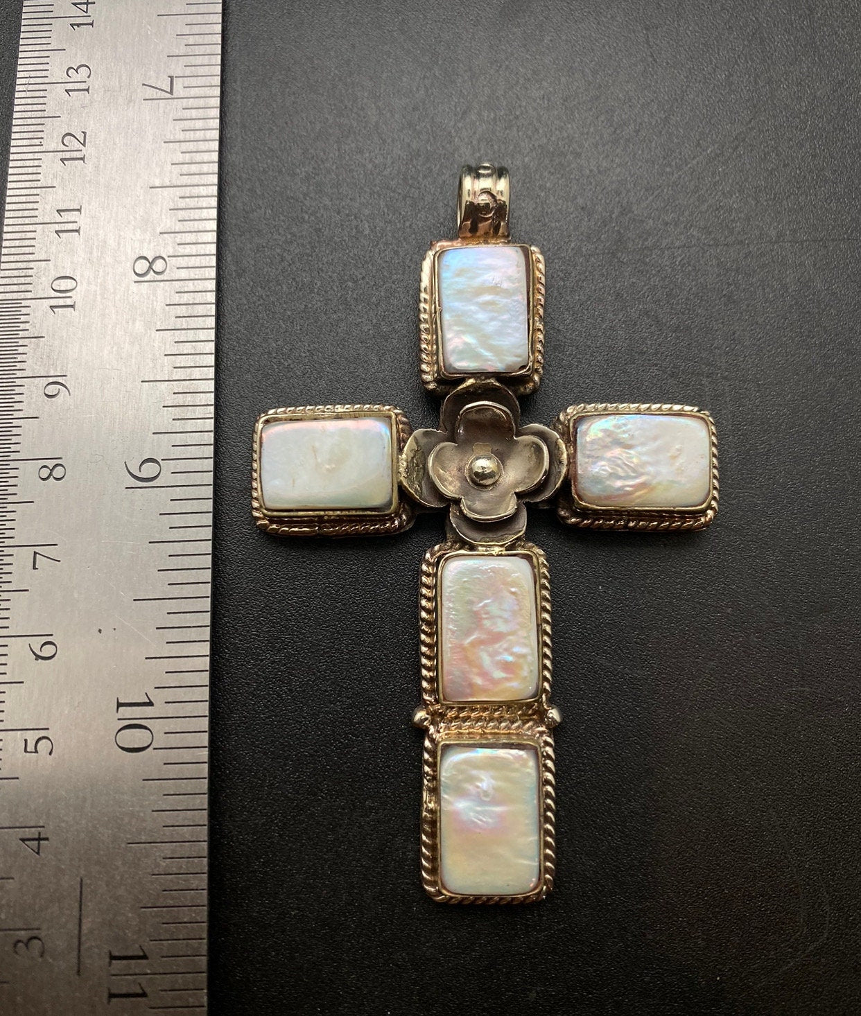 mother of pearl,cross pendant, handcrafted,Tibetan silver,floral,Nepal