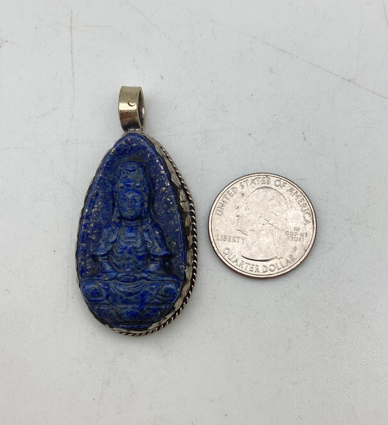 Lapis Guanyin Pendant: Handcrafted Tibetan Silver Boddhisatva