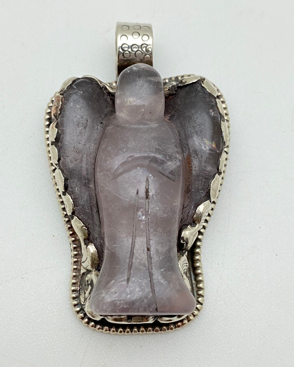 Rose Quartz carved angel pendant,Tibetan silver, handcrafted,Himalayan,Nepal