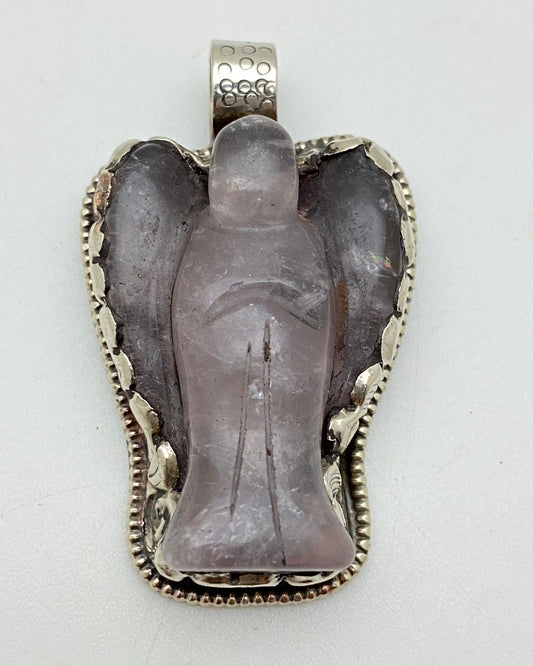 Rose Quartz carved angel pendant,Tibetan silver, handcrafted,Himalayan,Nepal