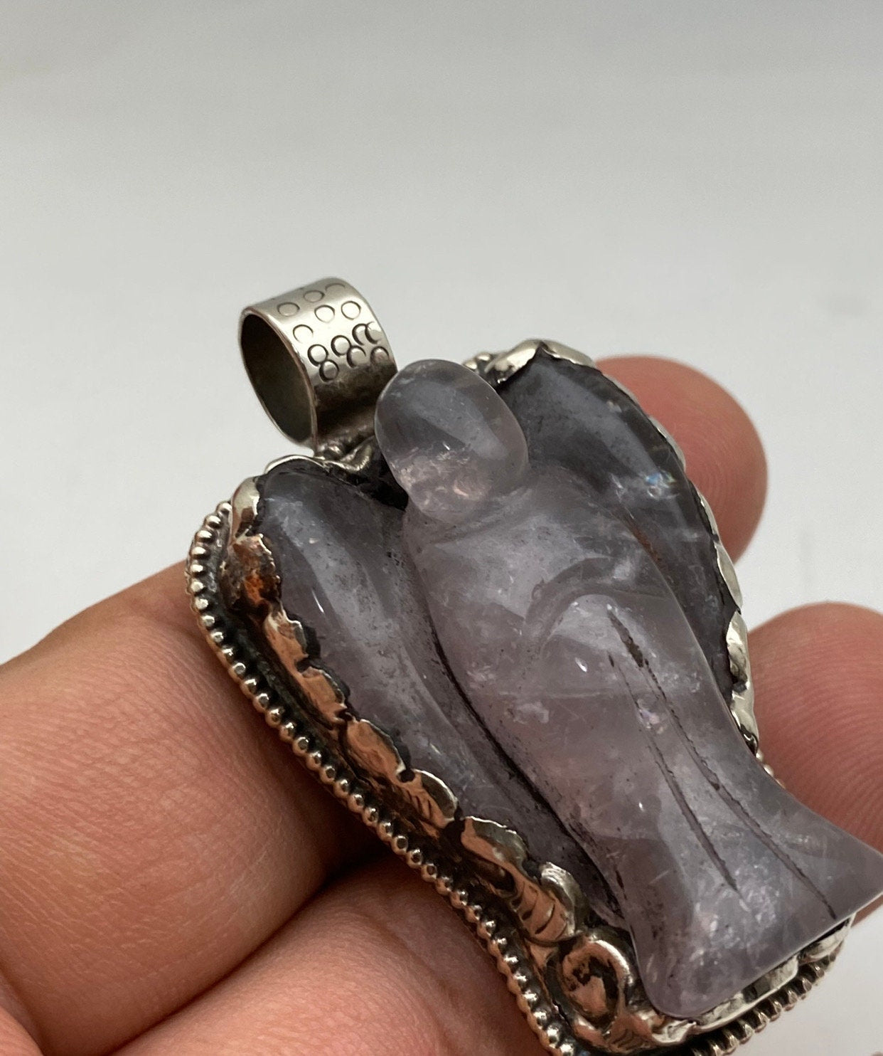 Rose Quartz carved angel pendant,Tibetan silver, handcrafted,Himalayan,Nepal