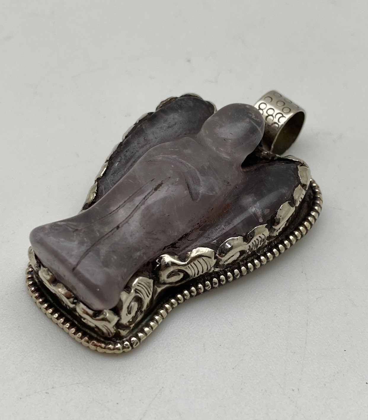 Rose Quartz carved angel pendant,Tibetan silver, handcrafted,Himalayan,Nepal