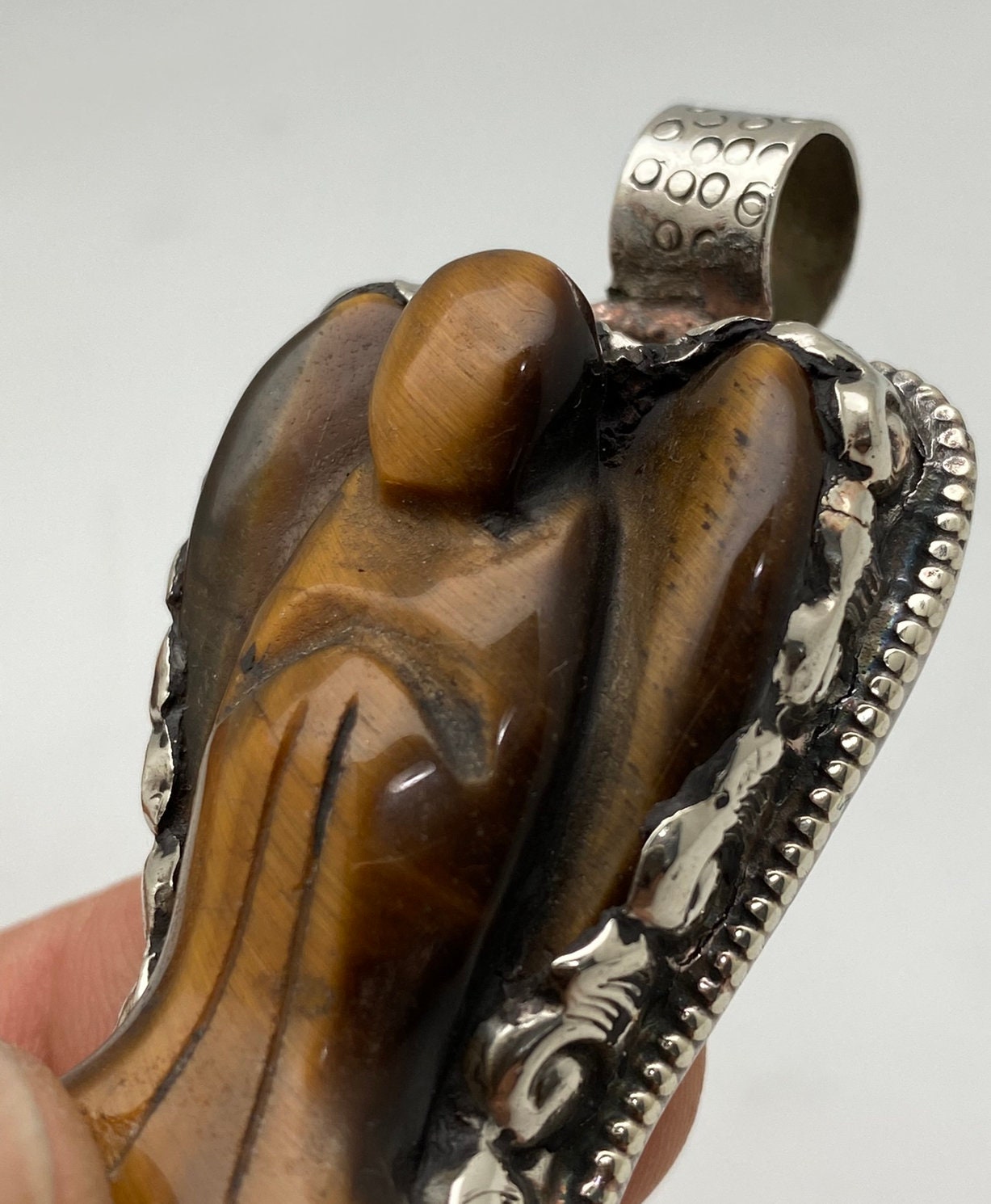 Tiger eye carved angel pendant,tibetan silver, handcrafted,Himalayan,Nepalese