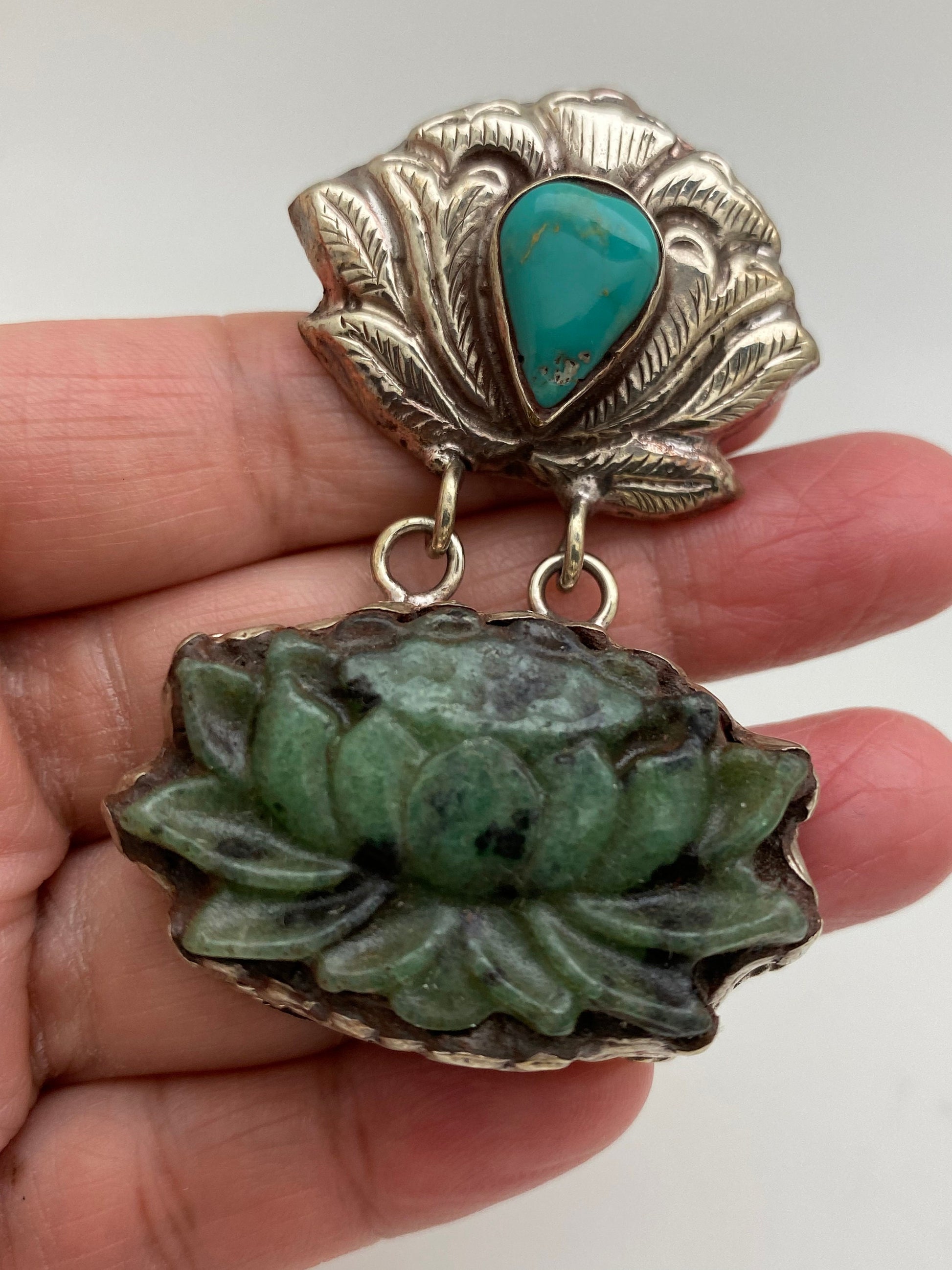 Lotus pendant,Flower pendant,Ruby zoisite, Turquoise,Handcrafted,Tibetan silver,