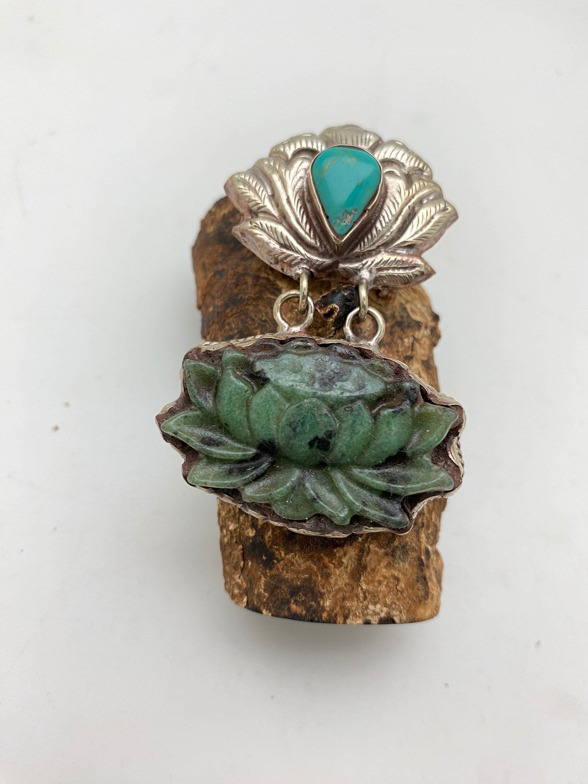 Lotus pendant,Flower pendant,Ruby zoisite, Turquoise,Handcrafted,Tibetan silver,