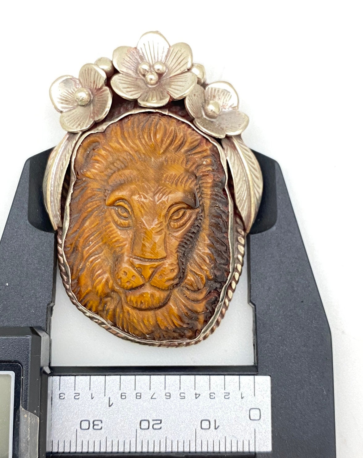 Large tiger eye carved lion pendant,Tigereye pendant, animal pendant , handcrafted, floral design,Nepalese