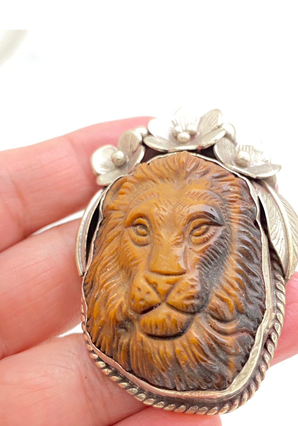 Large tiger eye carved lion pendant,Tigereye pendant, animal pendant , handcrafted, floral design,Nepalese