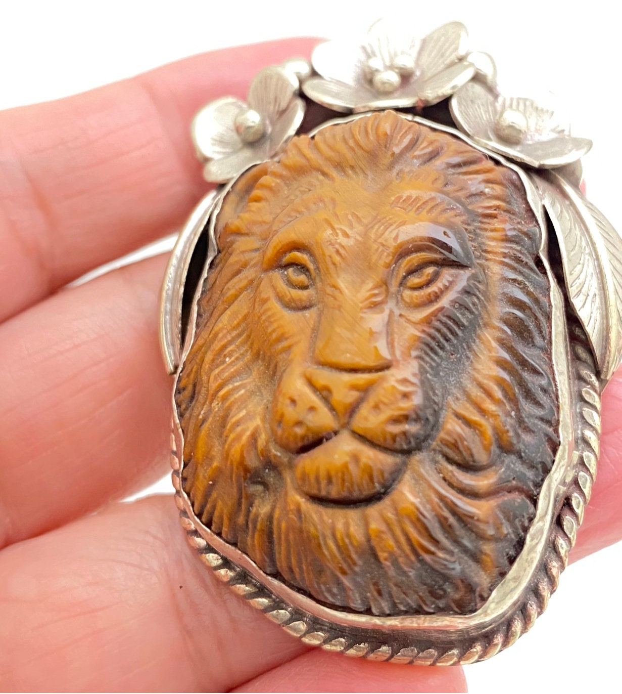 Large tiger eye carved lion pendant,Tigereye pendant, animal pendant , handcrafted, floral design,Nepalese