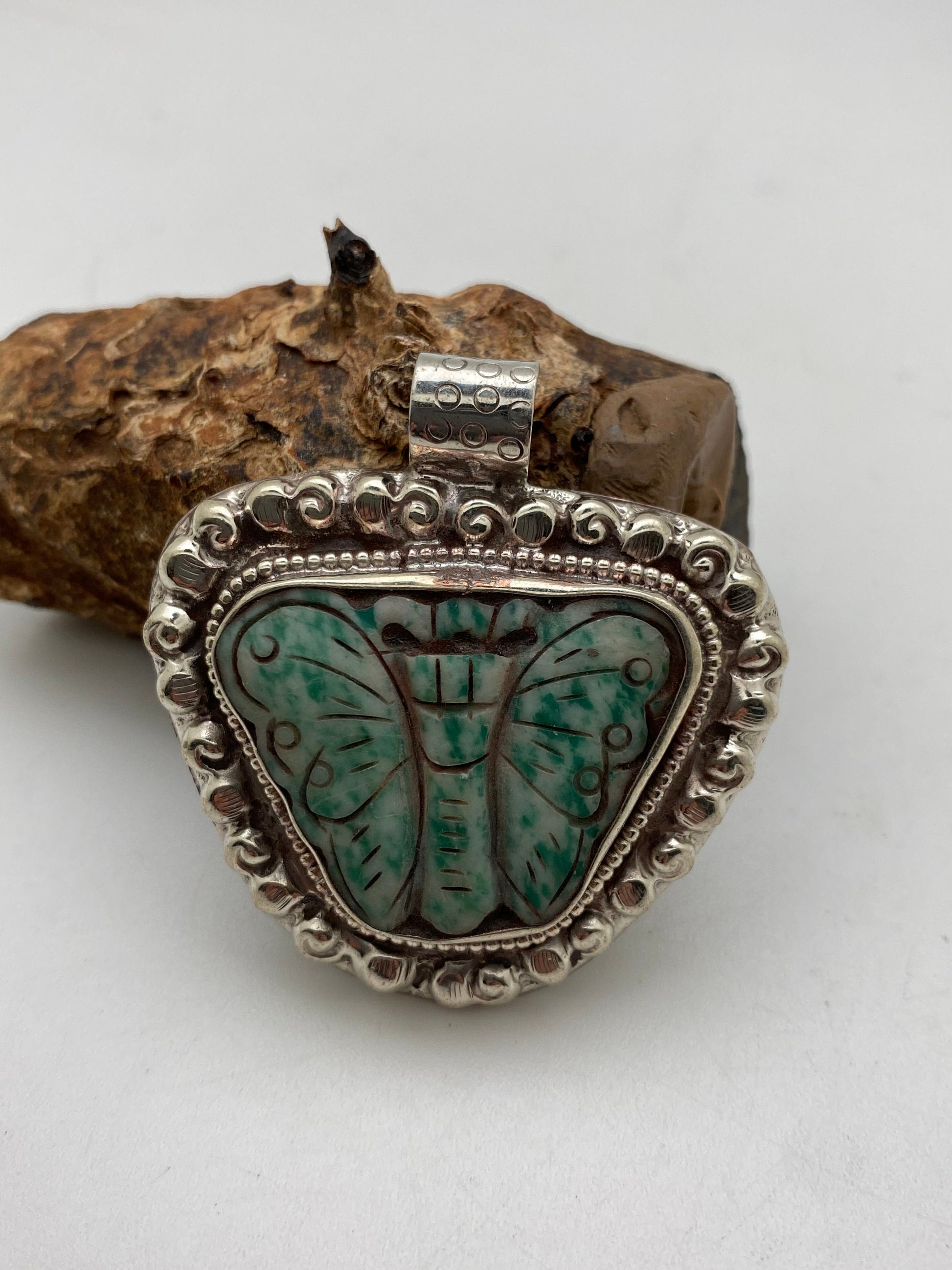 Natural jade, butterflies pendant ,tibetan silver, handcrafted,ethnic jewelry
