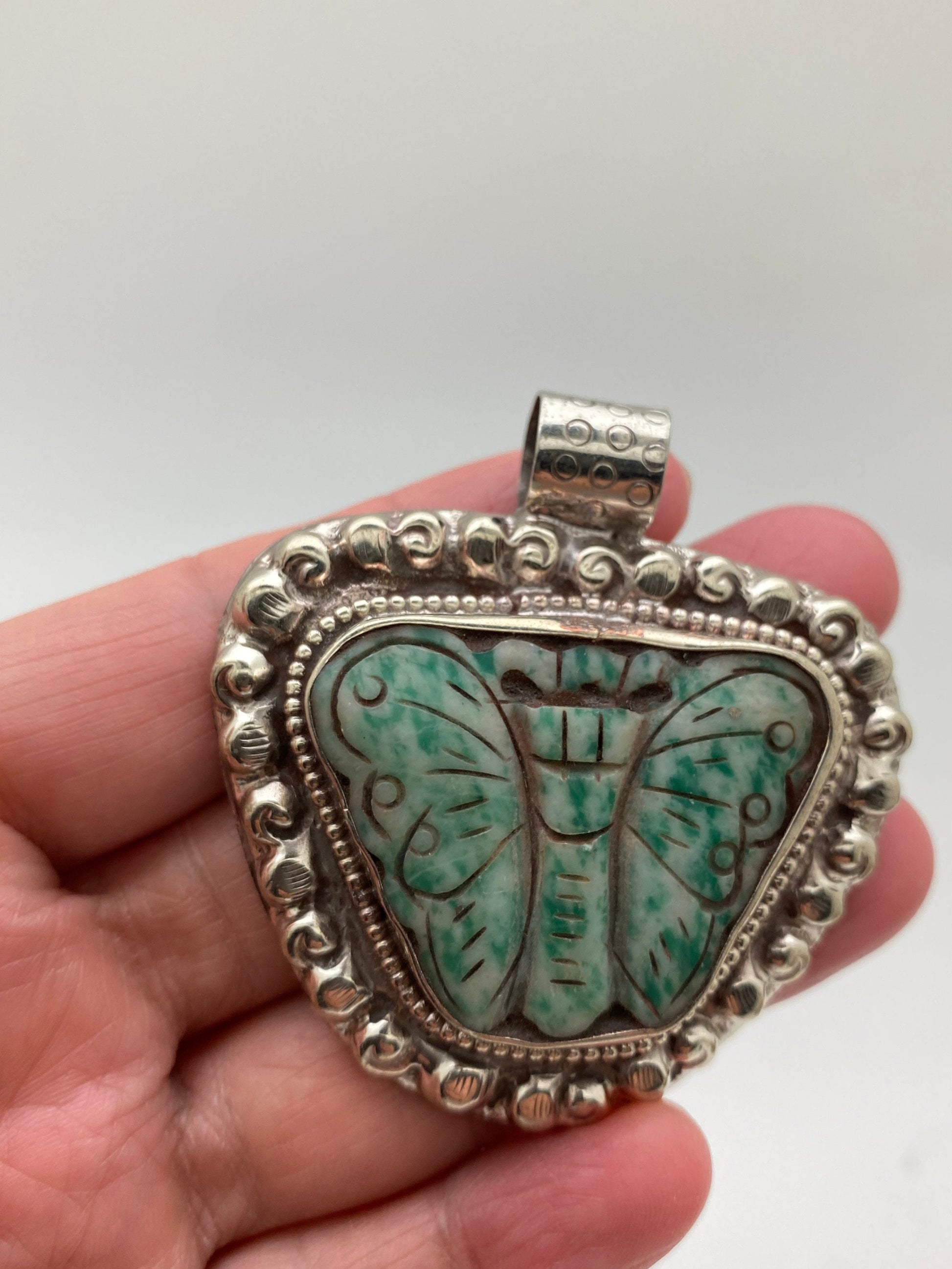 Natural jade, butterflies pendant ,tibetan silver, handcrafted,ethnic jewelry