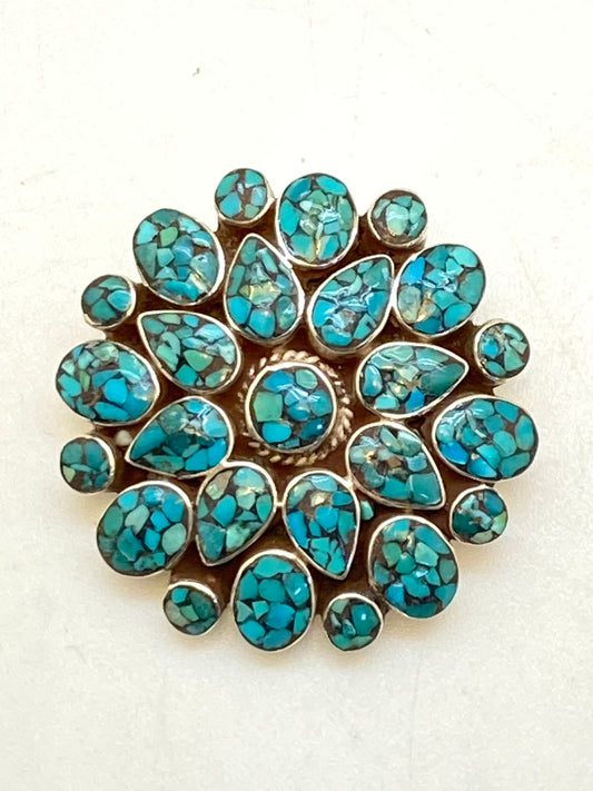 Turquoise pendant, handcrafted, sterling silver, floral design,Tibetan jewelry