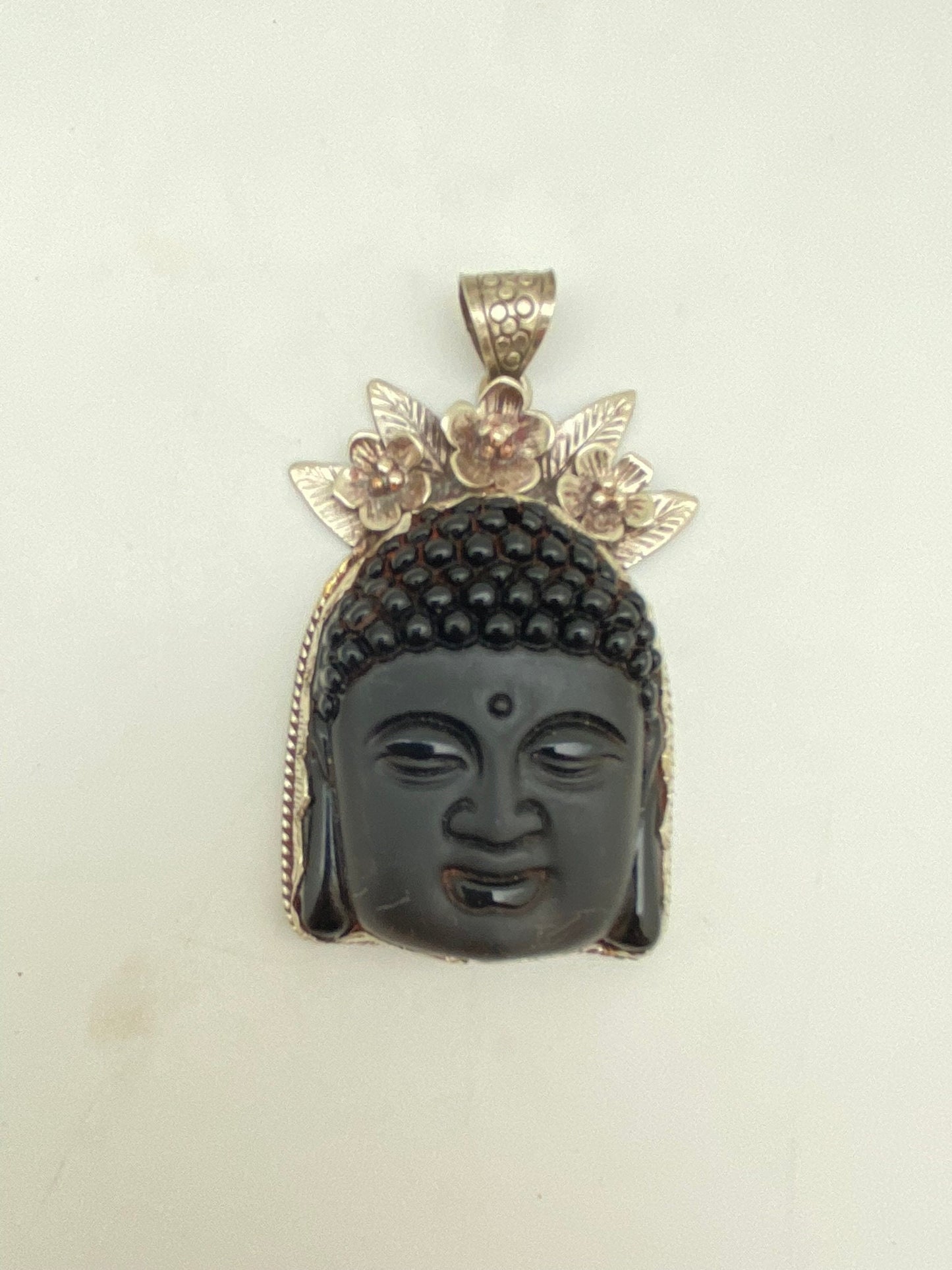 Large Buddha head, black obsidian,handcrafted,Tibetan silver, floral,Yoga,Buddhist, spiritual, amulet, meditation