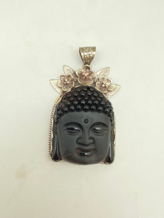 Large Buddha head, black obsidian,handcrafted,Tibetan silver, floral,Yoga,Buddhist, spiritual, amulet, meditation