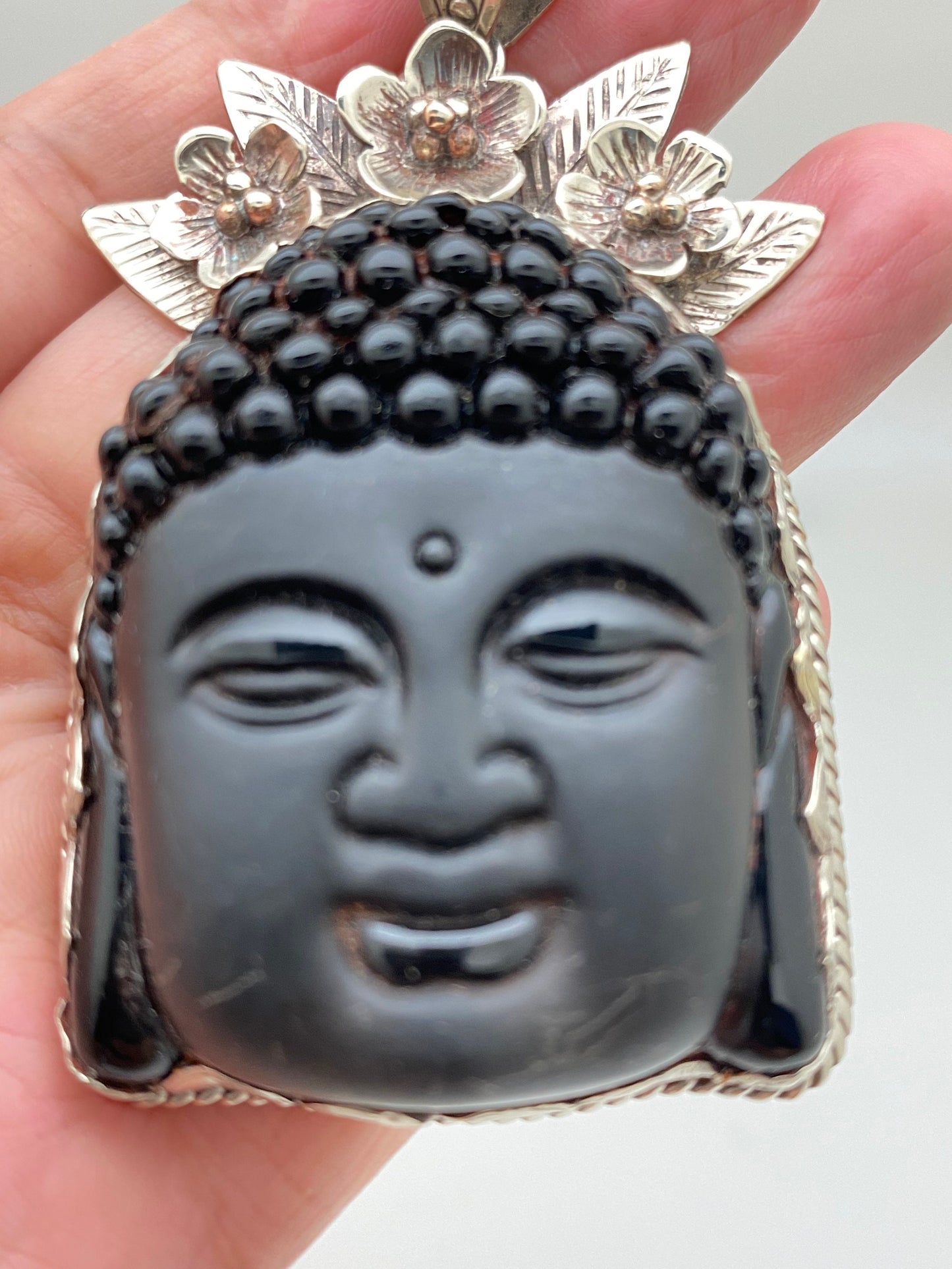 Large Buddha head, black obsidian,handcrafted,Tibetan silver, floral,Yoga,Buddhist, spiritual, amulet, meditation