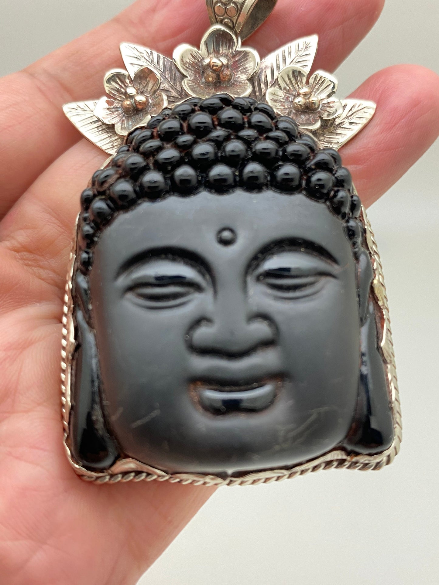 Large Buddha head, black obsidian,handcrafted,Tibetan silver, floral,Yoga,Buddhist, spiritual, amulet, meditation