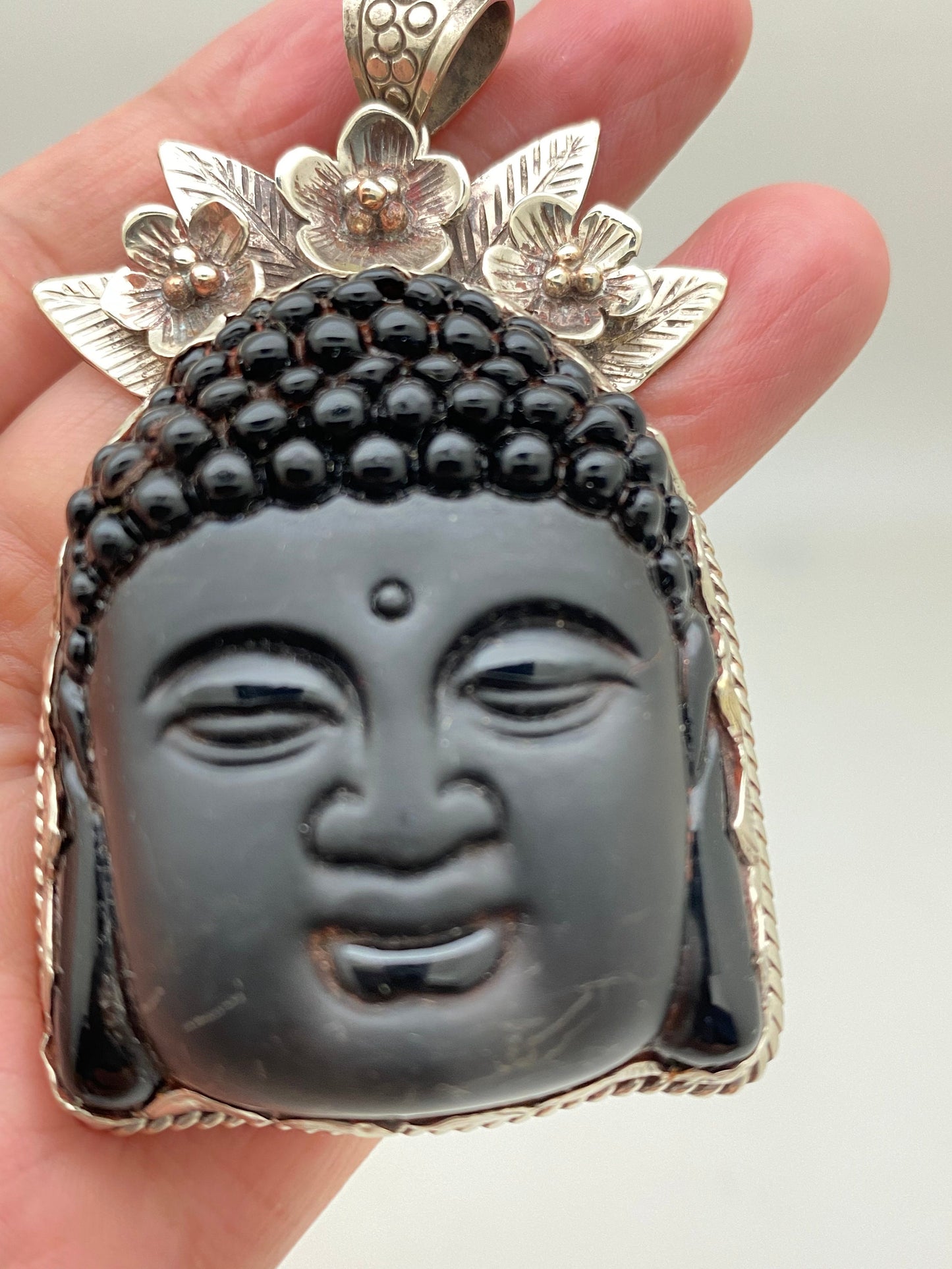 Large Buddha head, black obsidian,handcrafted,Tibetan silver, floral,Yoga,Buddhist, spiritual, amulet, meditation