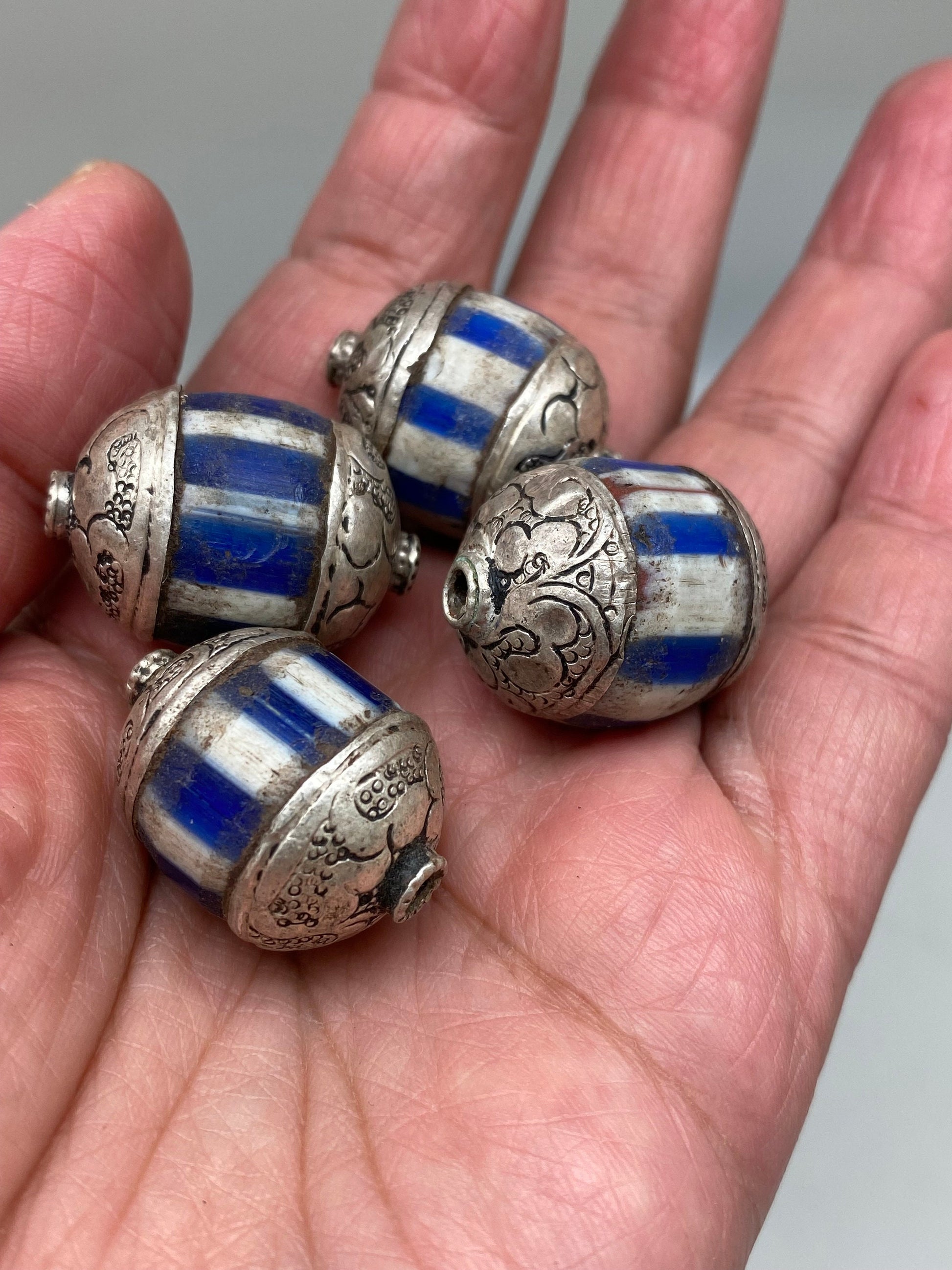 chevron bead, floral cap,handcrafted ,sterling silvercap,Nepalese,Himalayan,listing for one bead