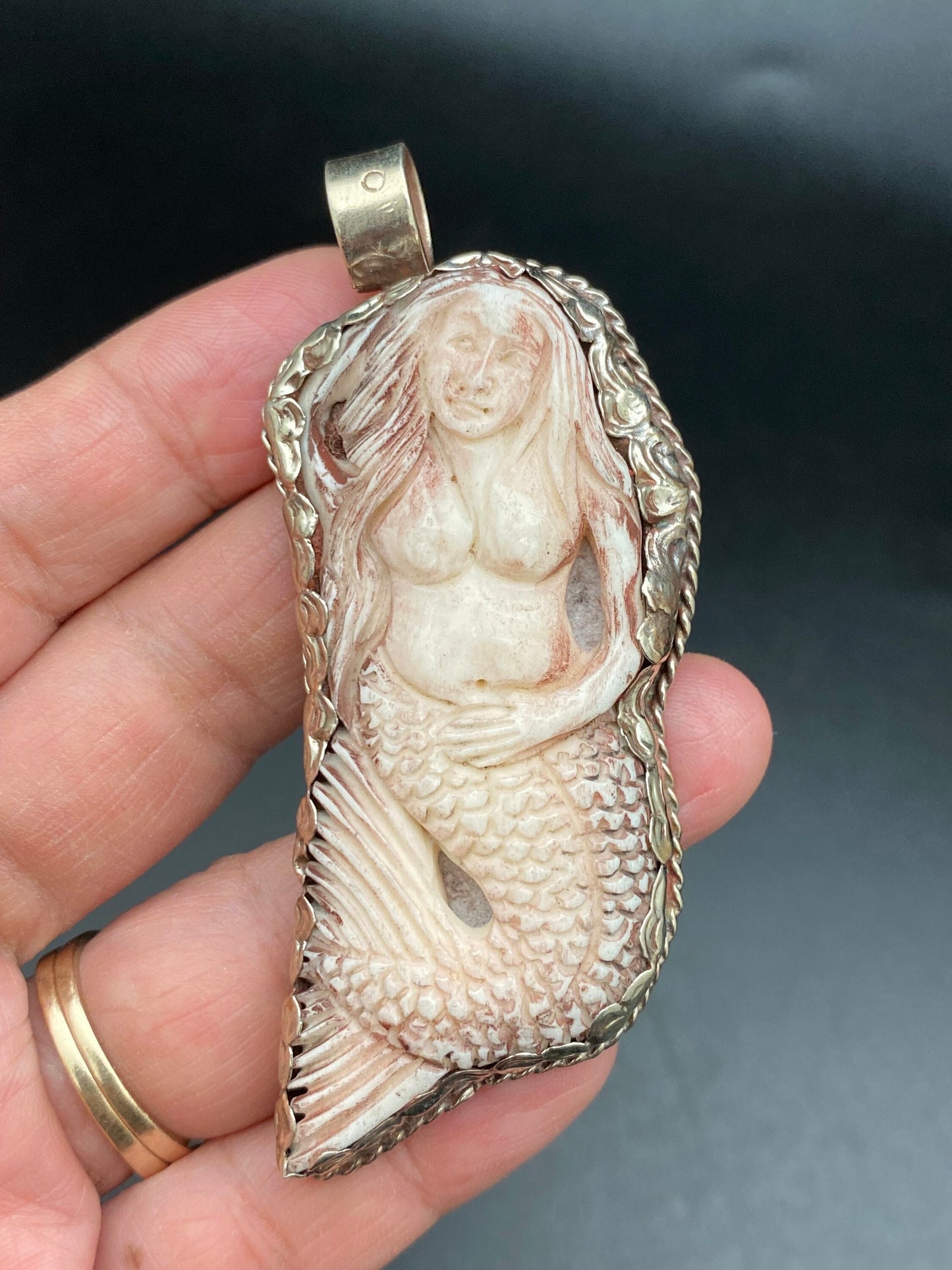 Mermaid pendant,water buffalo bone hand carved,Tibetan silver , handcrafted , Nepal