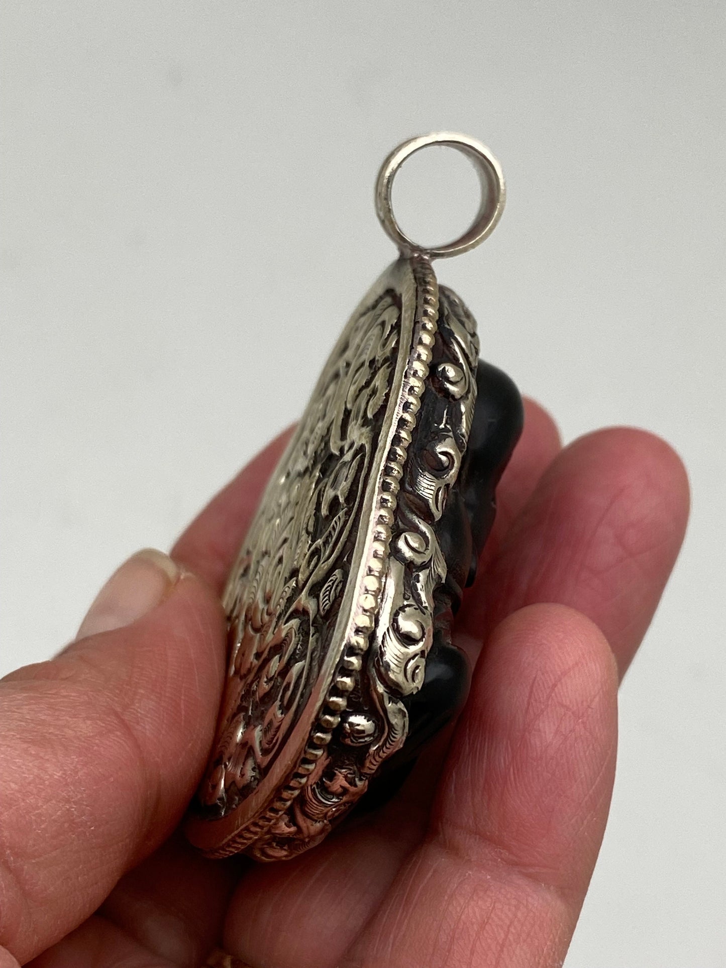 Handcarved Black Obsidian Buddha Pendant: Tibetan Silver, Himalayan