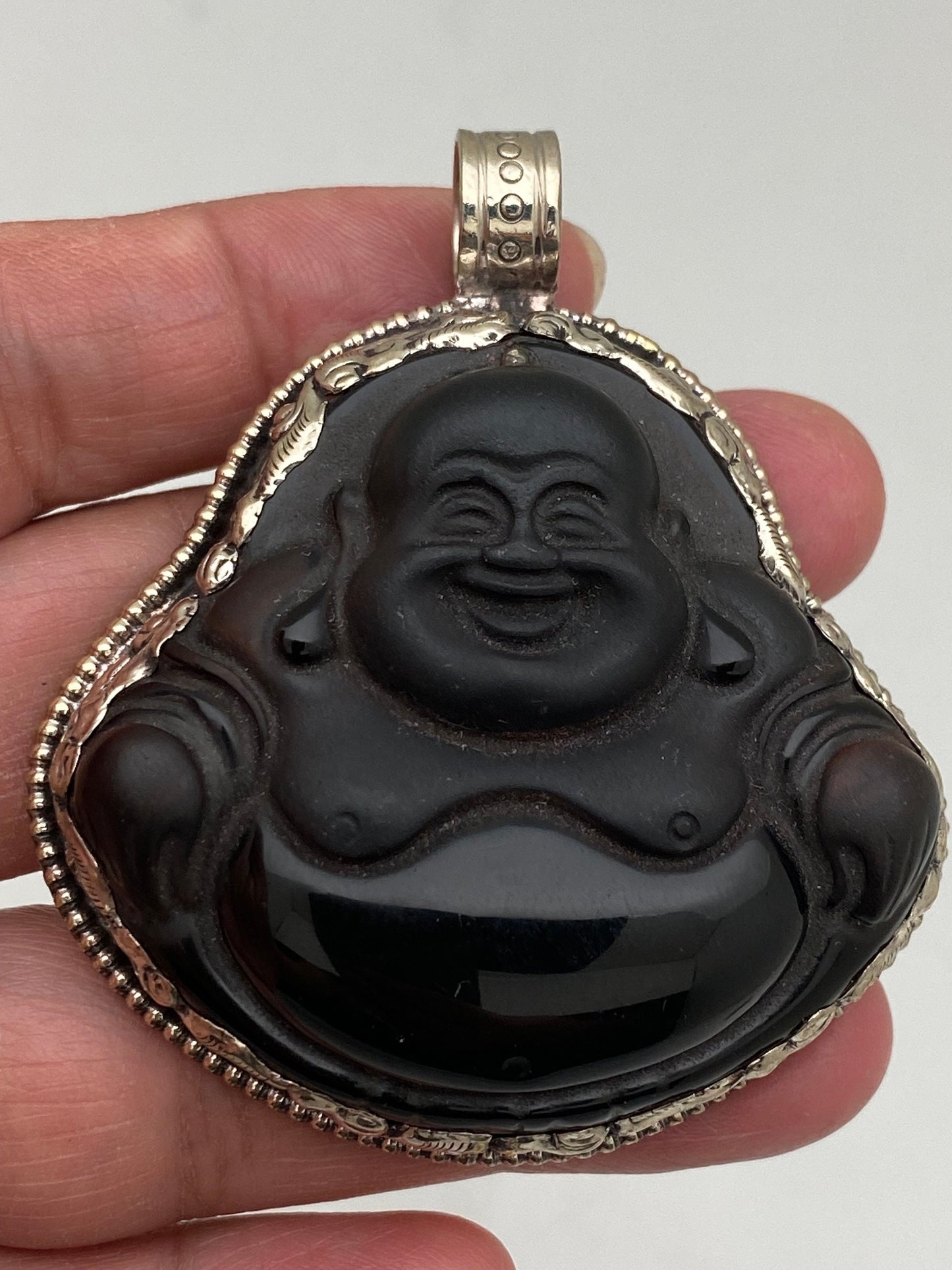 Handcarved Black Obsidian Buddha Pendant: Tibetan Silver, Himalayan