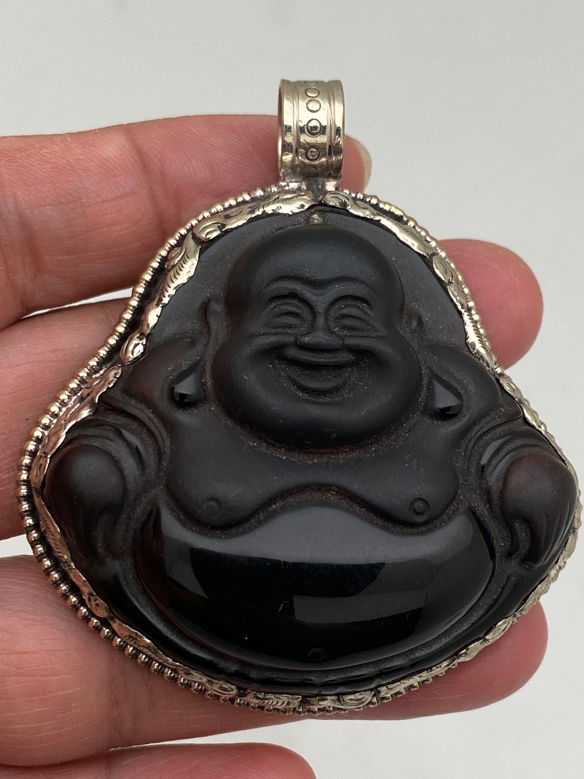 Handcarved Black Obsidian Buddha Pendant: Tibetan Silver, Himalayan
