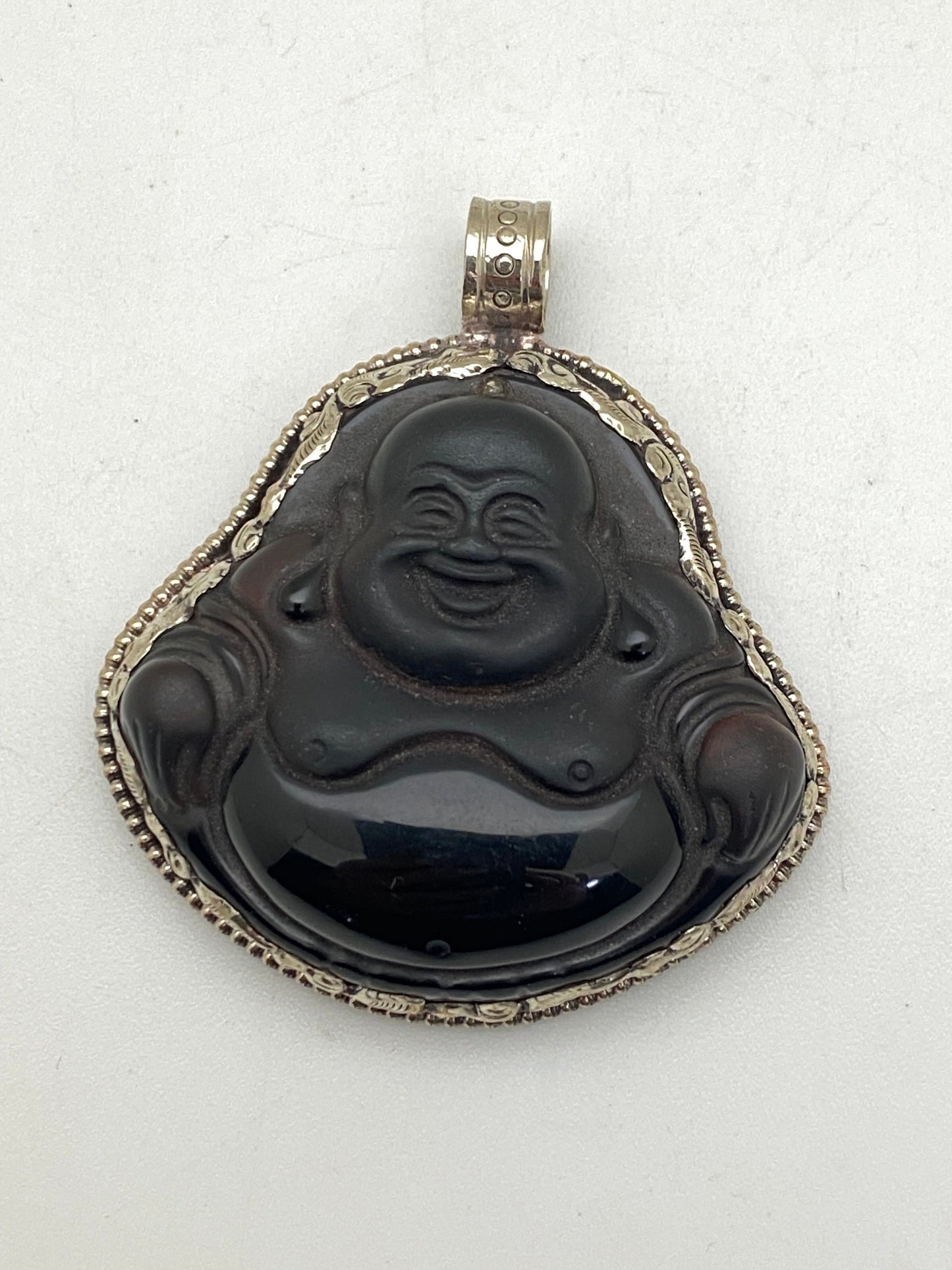 Handcarved Black Obsidian Buddha Pendant: Tibetan Silver, Himalayan