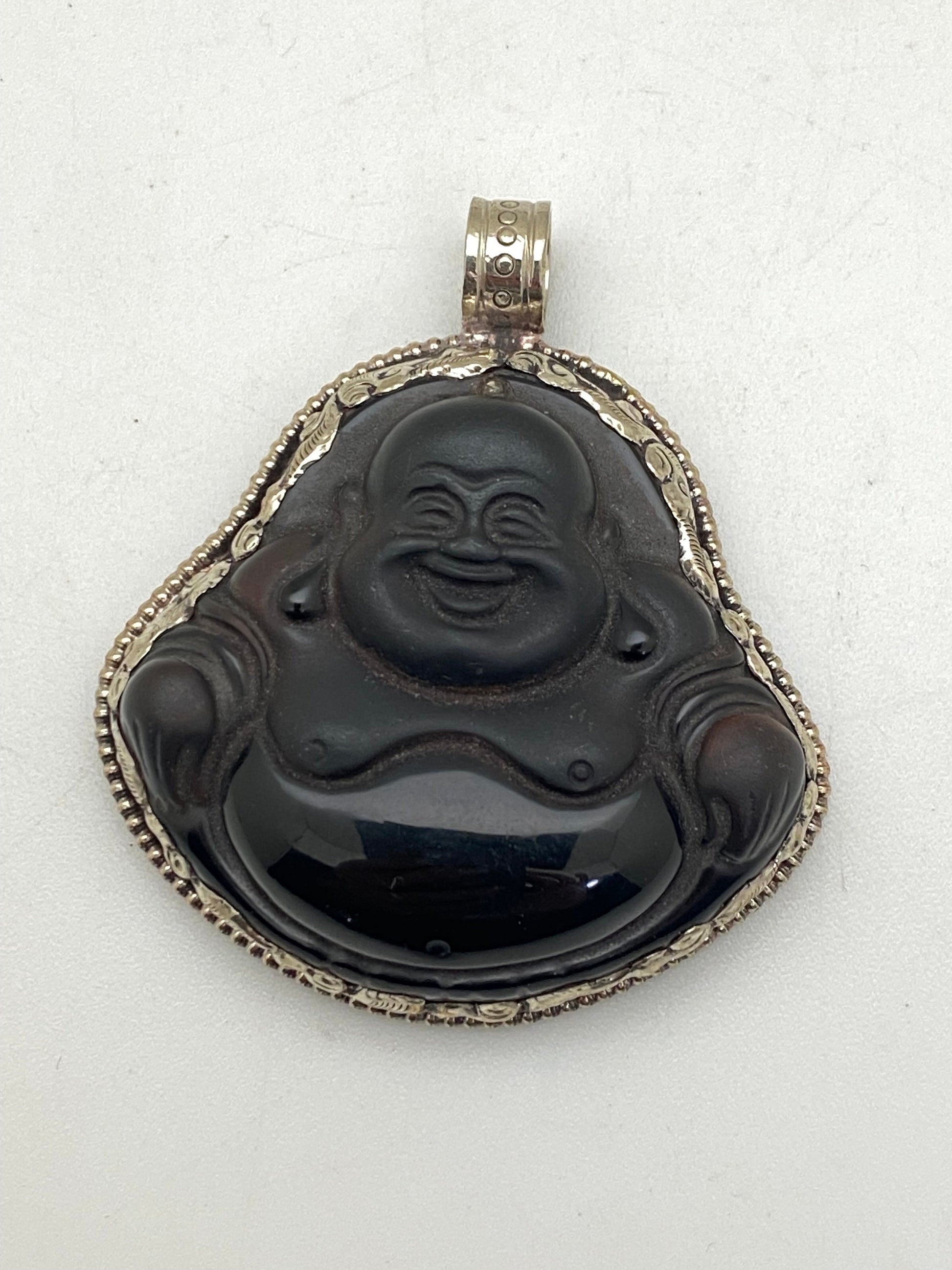 Handcarved Black Obsidian Buddha Pendant: Tibetan Silver, Himalayan