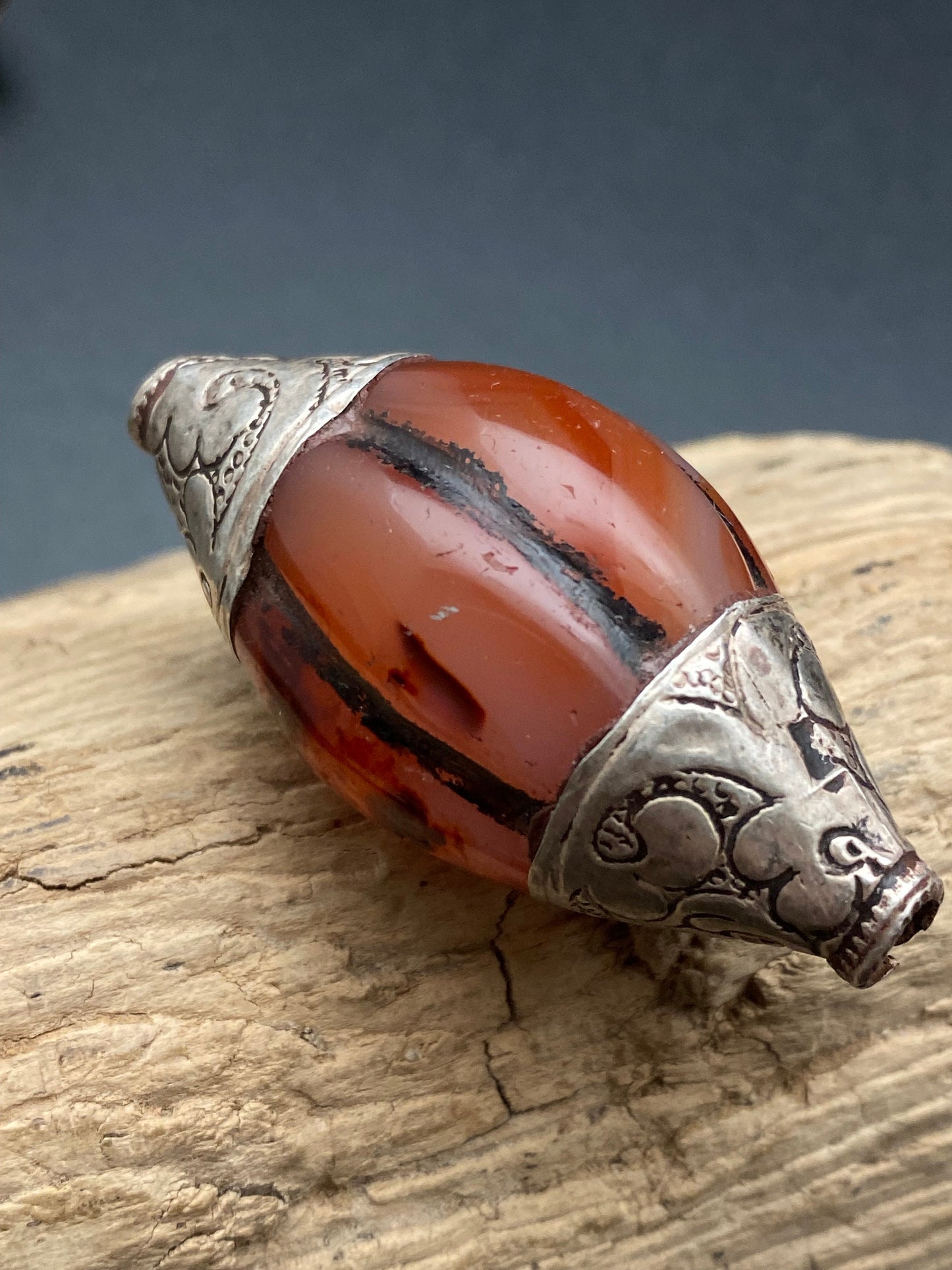 carnelian bead, sterling silver, floral cap, handcrafted,tibetan design, ethnic,Himalayan,Nepalese