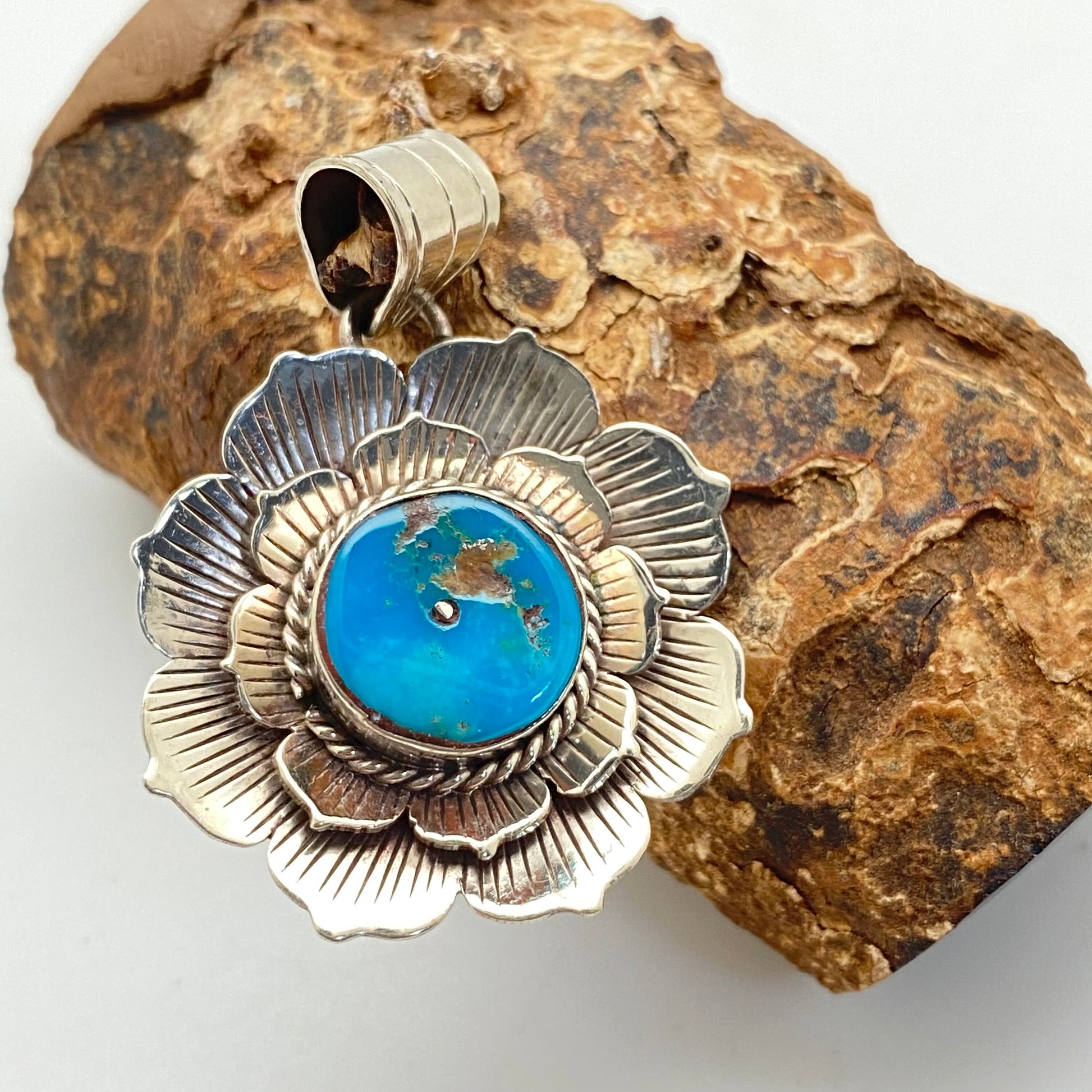 Lotus pendant, natural turquoise master handcrafted,tibetan silver,Himalayan,Nepal