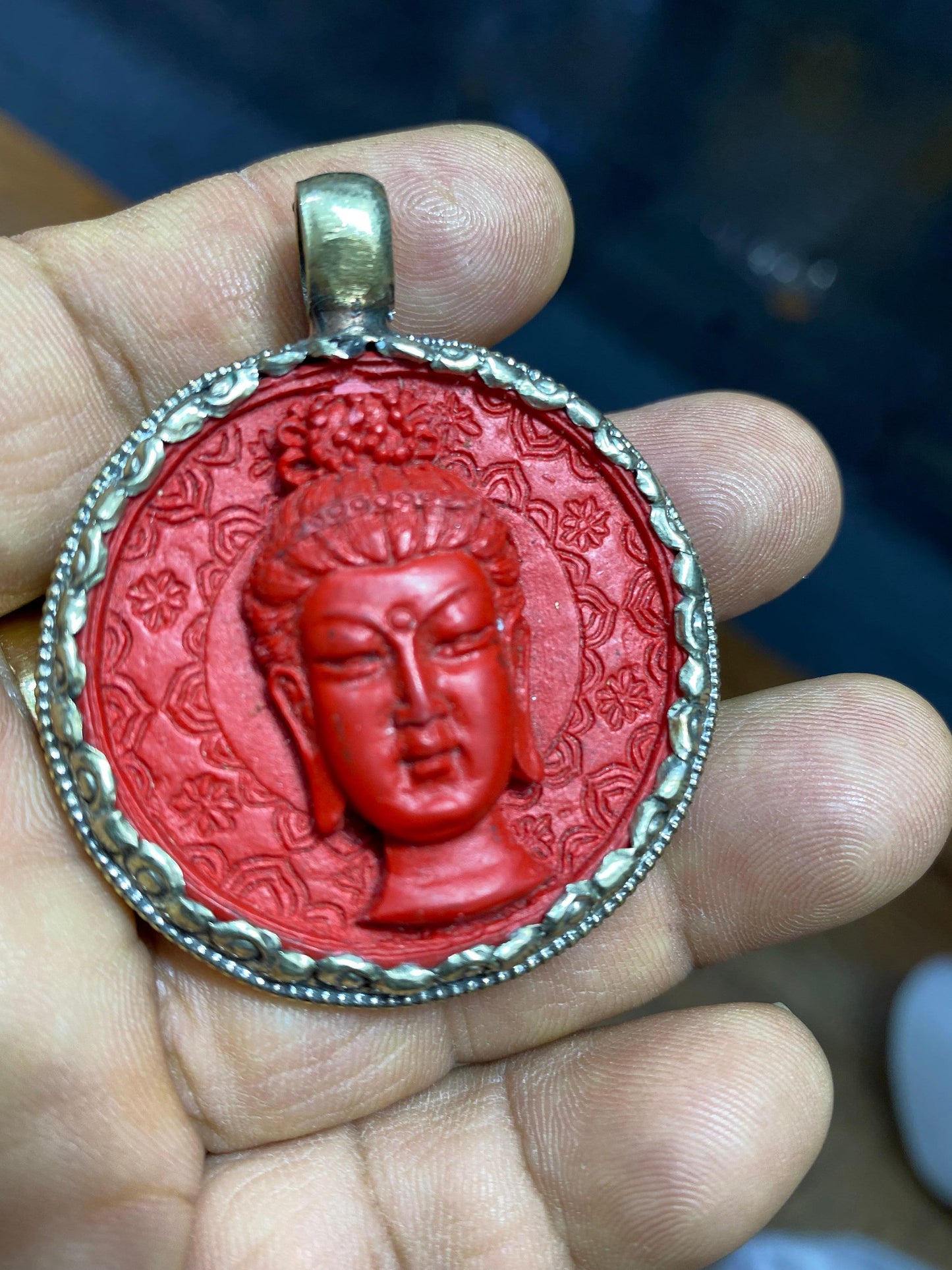 Hand Carved Cinnabar Buddha Pendant: Tibetan Silver Amulet