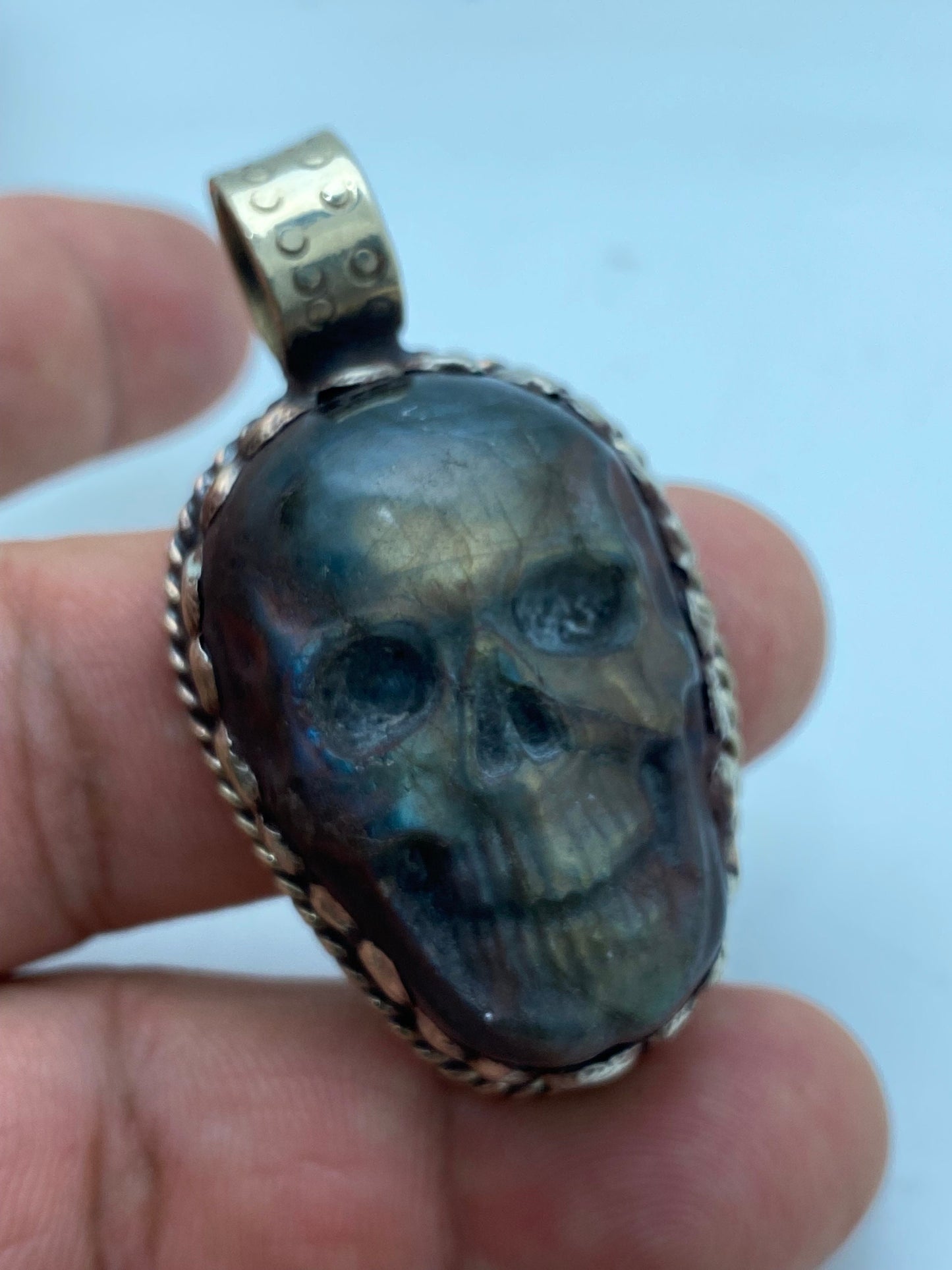 labradorite carved large skull pendant ,handcrafted, hand carved, ethnic design, tibetan design, tibetan silver,Himalayan,Nepalese