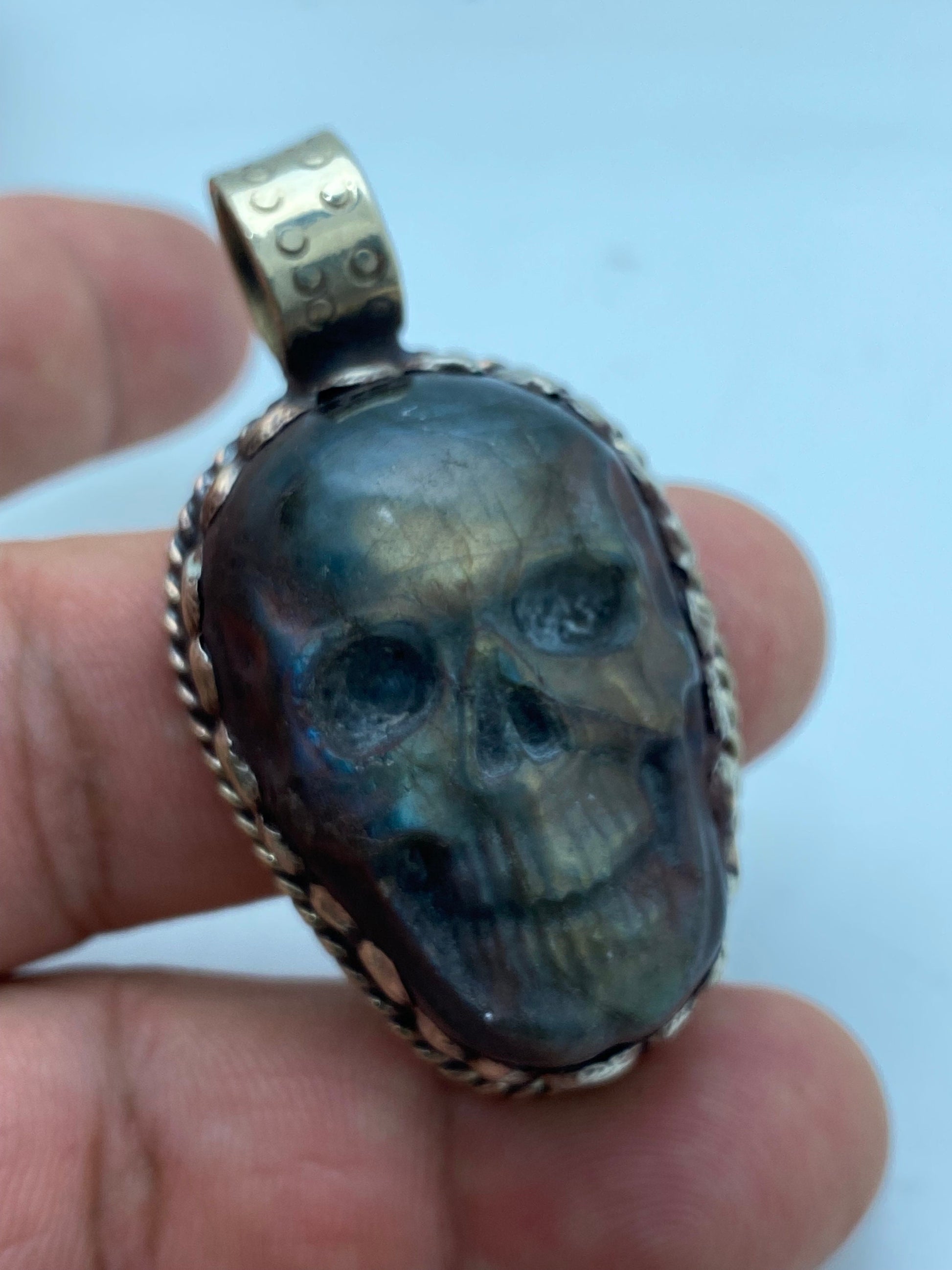 labradorite carved large skull pendant ,handcrafted, hand carved, ethnic design, tibetan design, tibetan silver,Himalayan,Nepalese