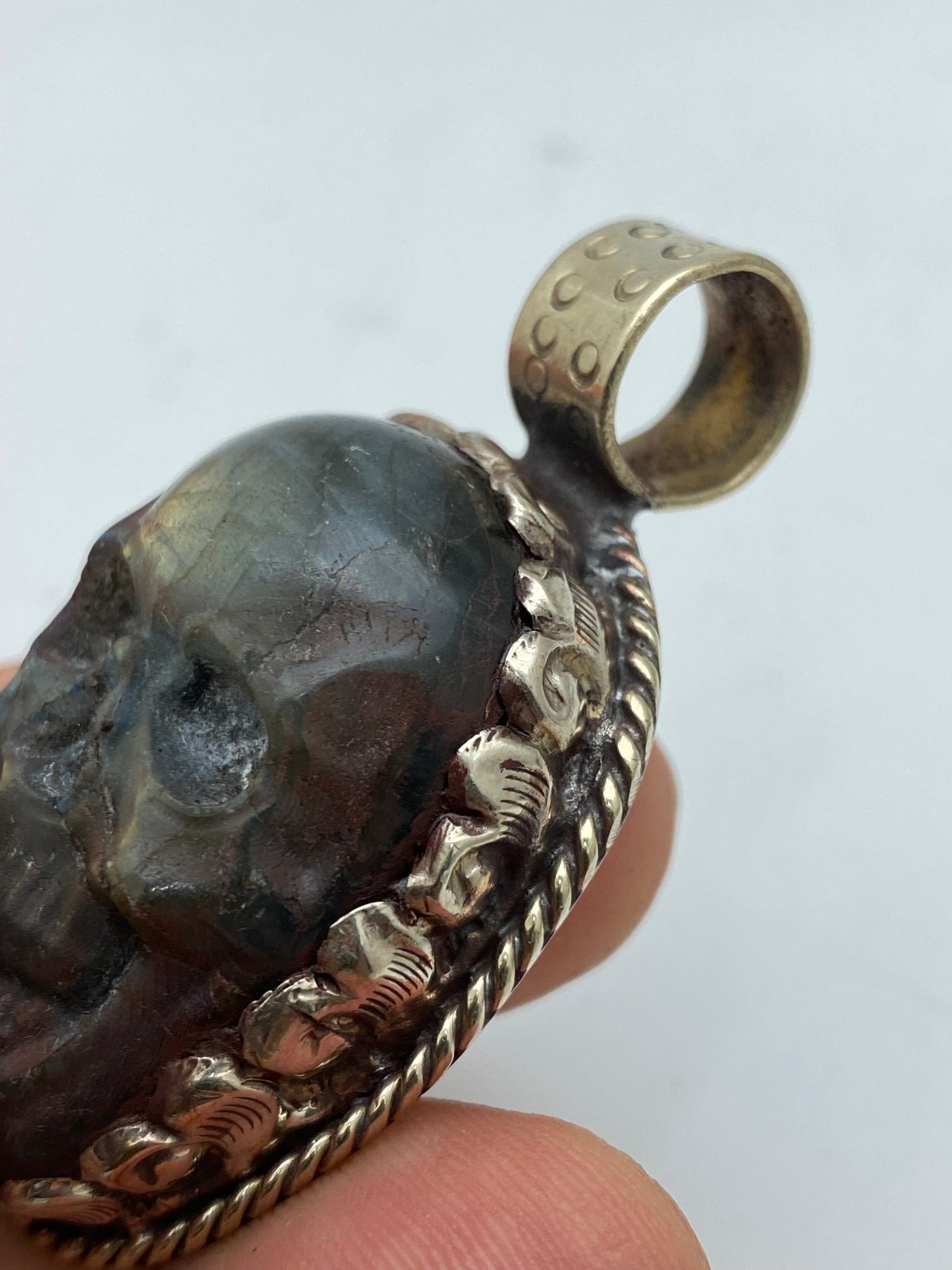 labradorite carved large skull pendant ,handcrafted, hand carved, ethnic design, tibetan design, tibetan silver,Himalayan,Nepalese