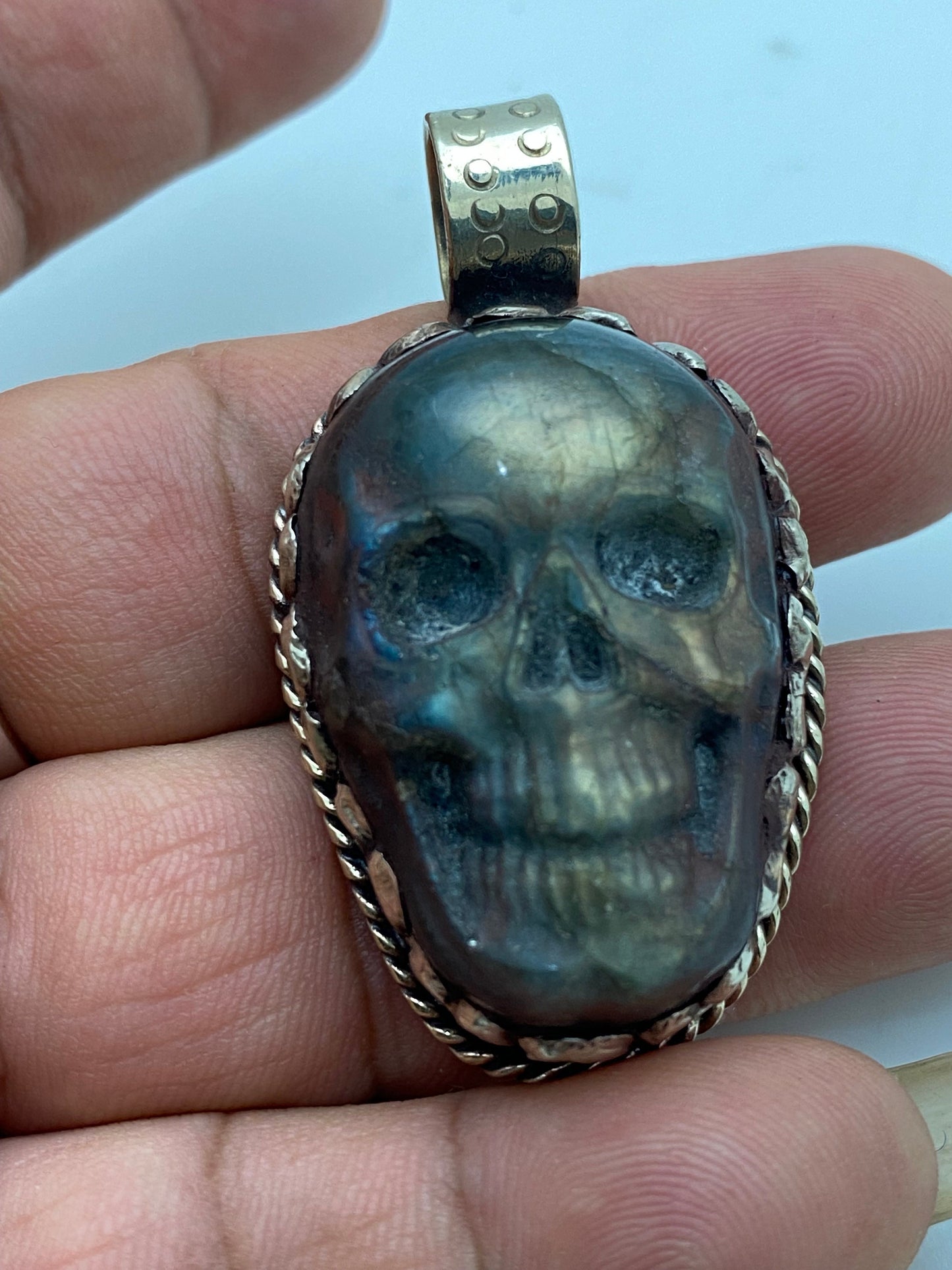 labradorite carved large skull pendant ,handcrafted, hand carved, ethnic design, tibetan design, tibetan silver,Himalayan,Nepalese