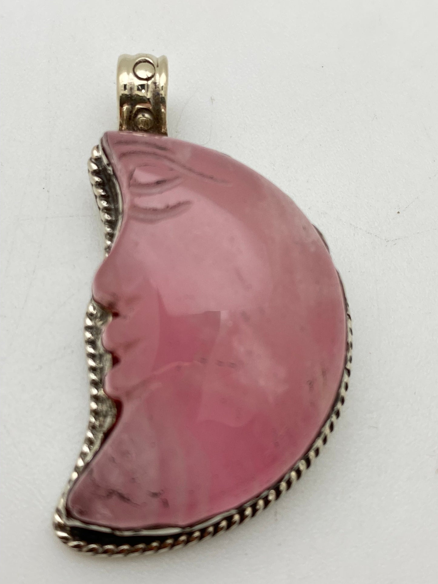 moon pendant, half moon, rose quartz, hand carved, hand crafted, tibetan silver,Himalyan,Nepalese