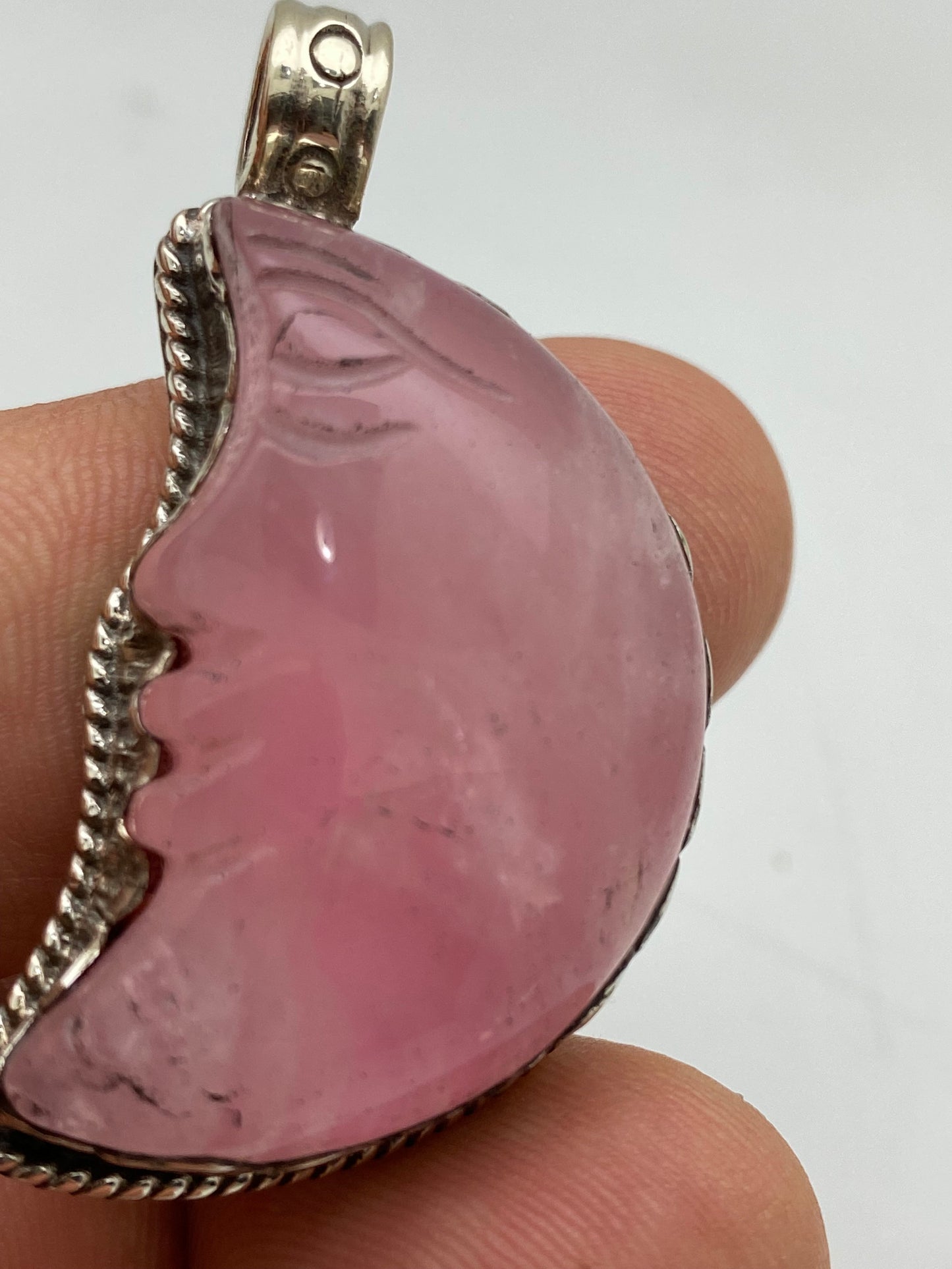 moon pendant, half moon, rose quartz, hand carved, hand crafted, tibetan silver,Himalyan,Nepalese