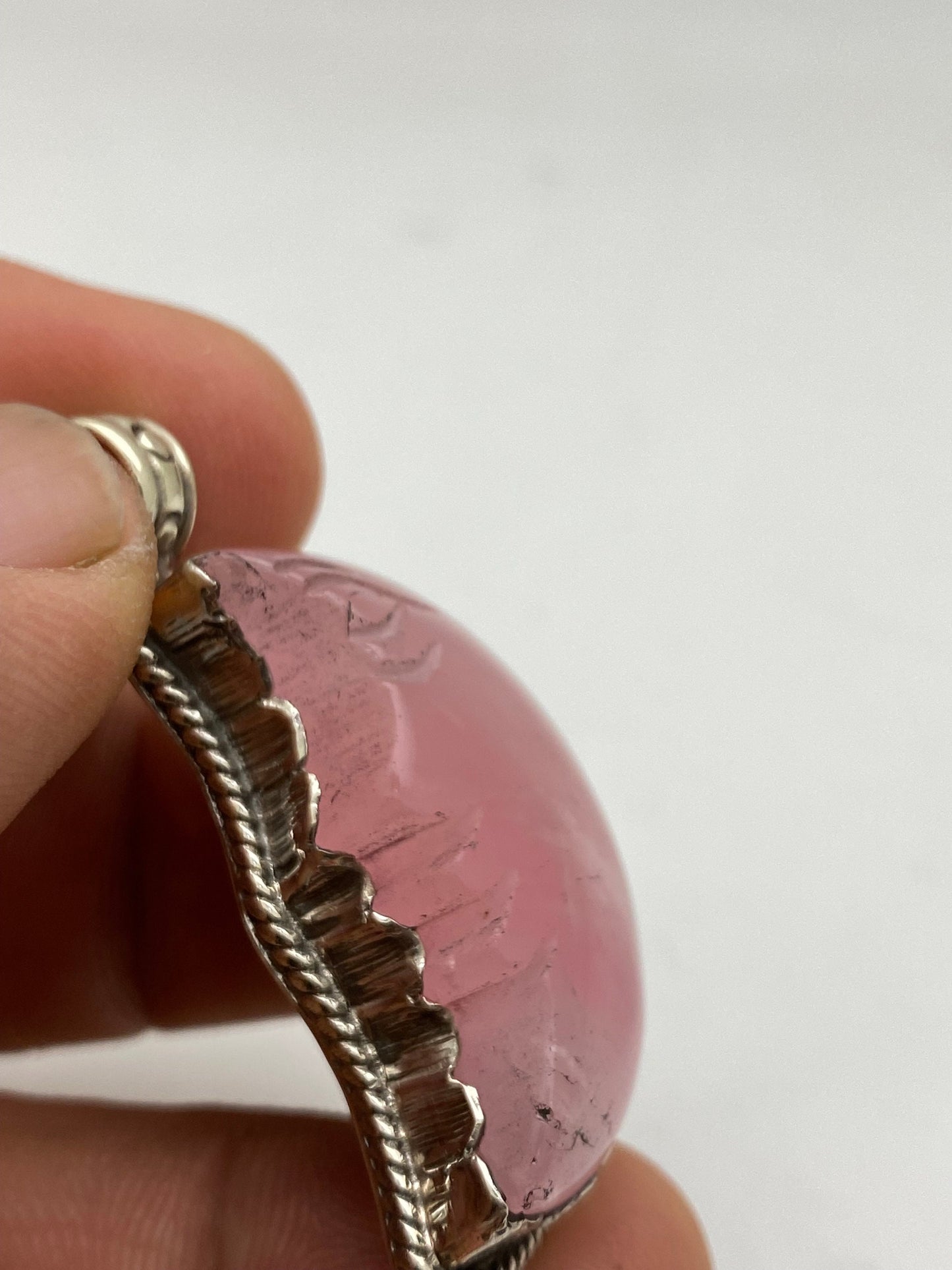 moon pendant, half moon, rose quartz, hand carved, hand crafted, tibetan silver,Himalyan,Nepalese