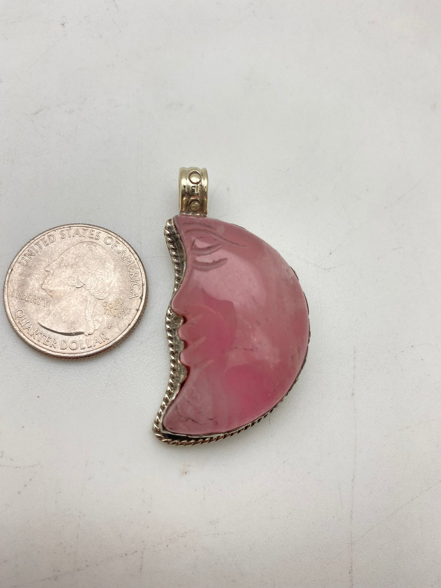 moon pendant, half moon, rose quartz, hand carved, hand crafted, tibetan silver,Himalyan,Nepalese