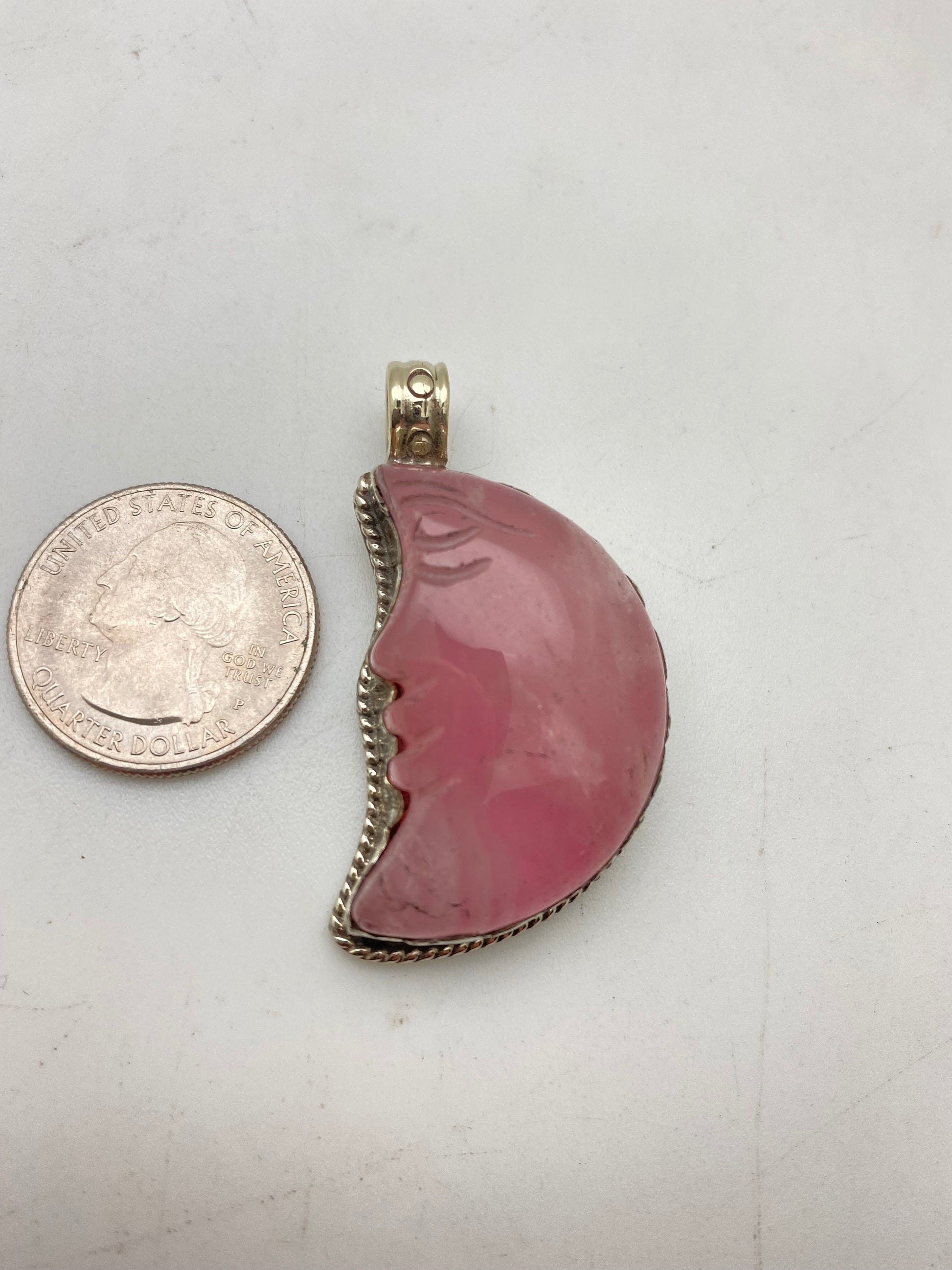 moon pendant, half moon, rose quartz, hand carved, hand crafted, tibetan silver,Himalyan,Nepalese
